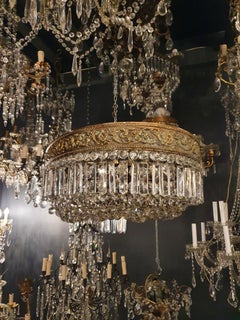 Low Oval Plafonnier Crystal Chandelier Brass Lustre Ceiling Antique Art Nouveau