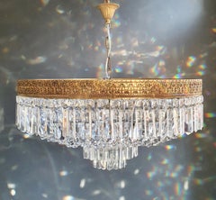 Low Oval Plafonnier Crystal Chandelier Brass Lustre Ceiling Antique Art Nouveau