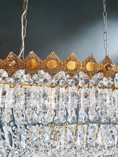 Low Oval Plafonnier Crystal Chandelier Brass Lustre Ceiling Antique Art Nouveau