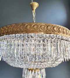 Low Oval Plafonnier Crystal Chandelier Brass Lustre Ceiling Antique Art Nouveau