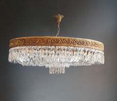 Low Oval Plafonnier Crystal Chandelier Brass Lustre Ceiling Antique Art Nouveau