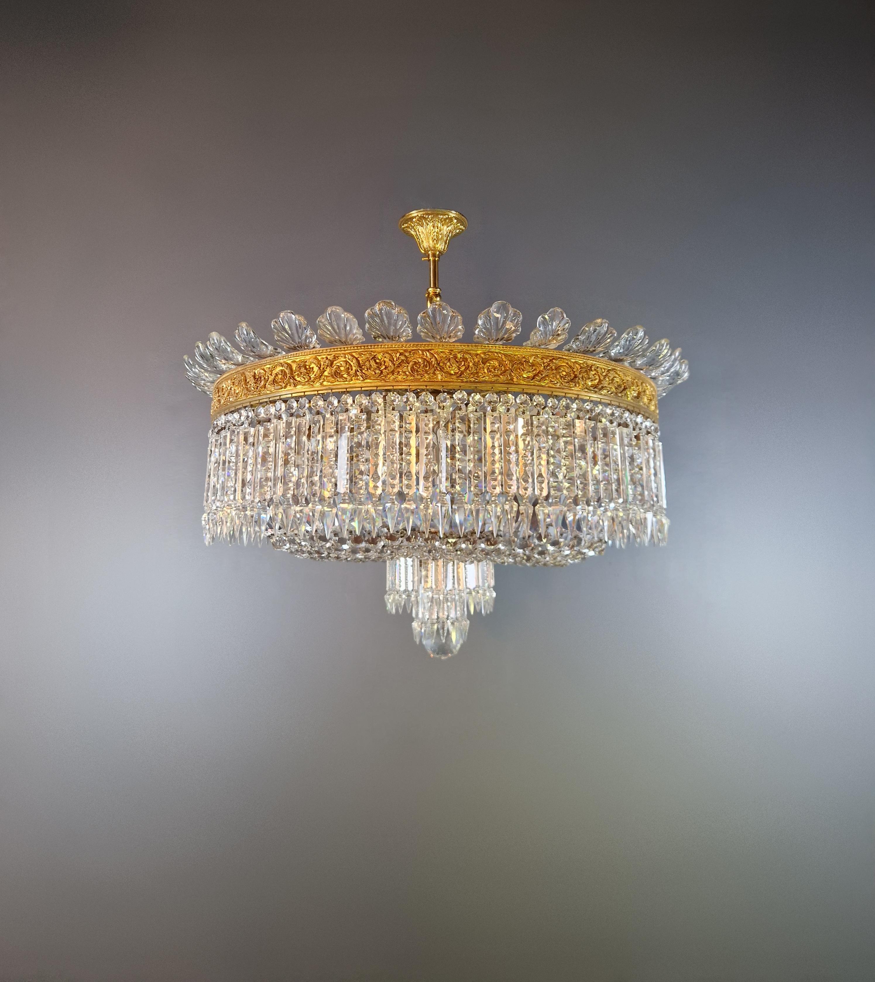 Empire Plafonnier Crystal Chandelier Brass Lustre Ceiling Antique Art Nouveau For Sale