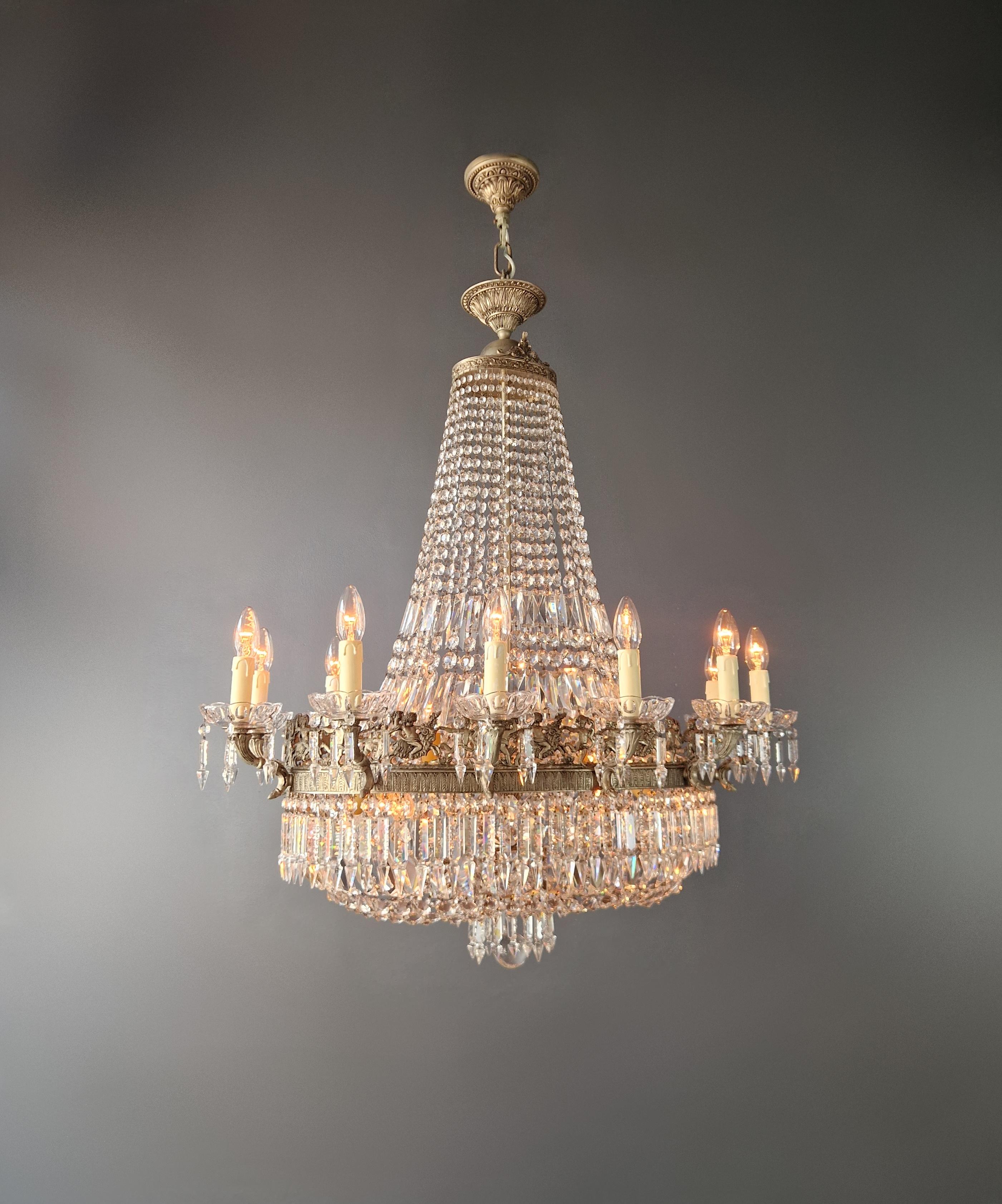 Italian Low Oval Plafonnier Crystal Chandelier Brass Lustre Ceiling Antique Art Nouveau