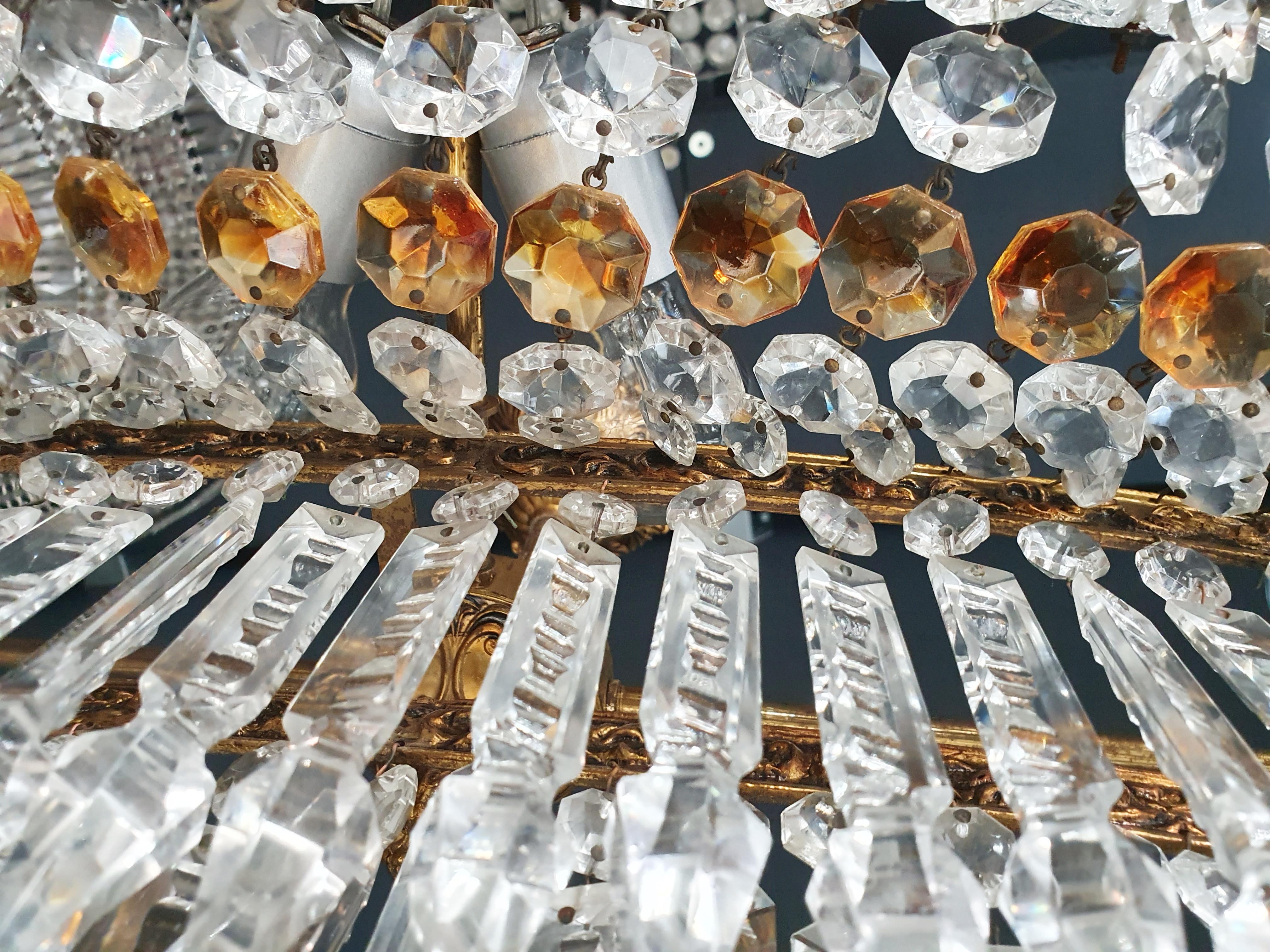 European Low Oval Plafonnier Crystal Chandelier Brass Lustre Ceiling Antique Art Nouveau