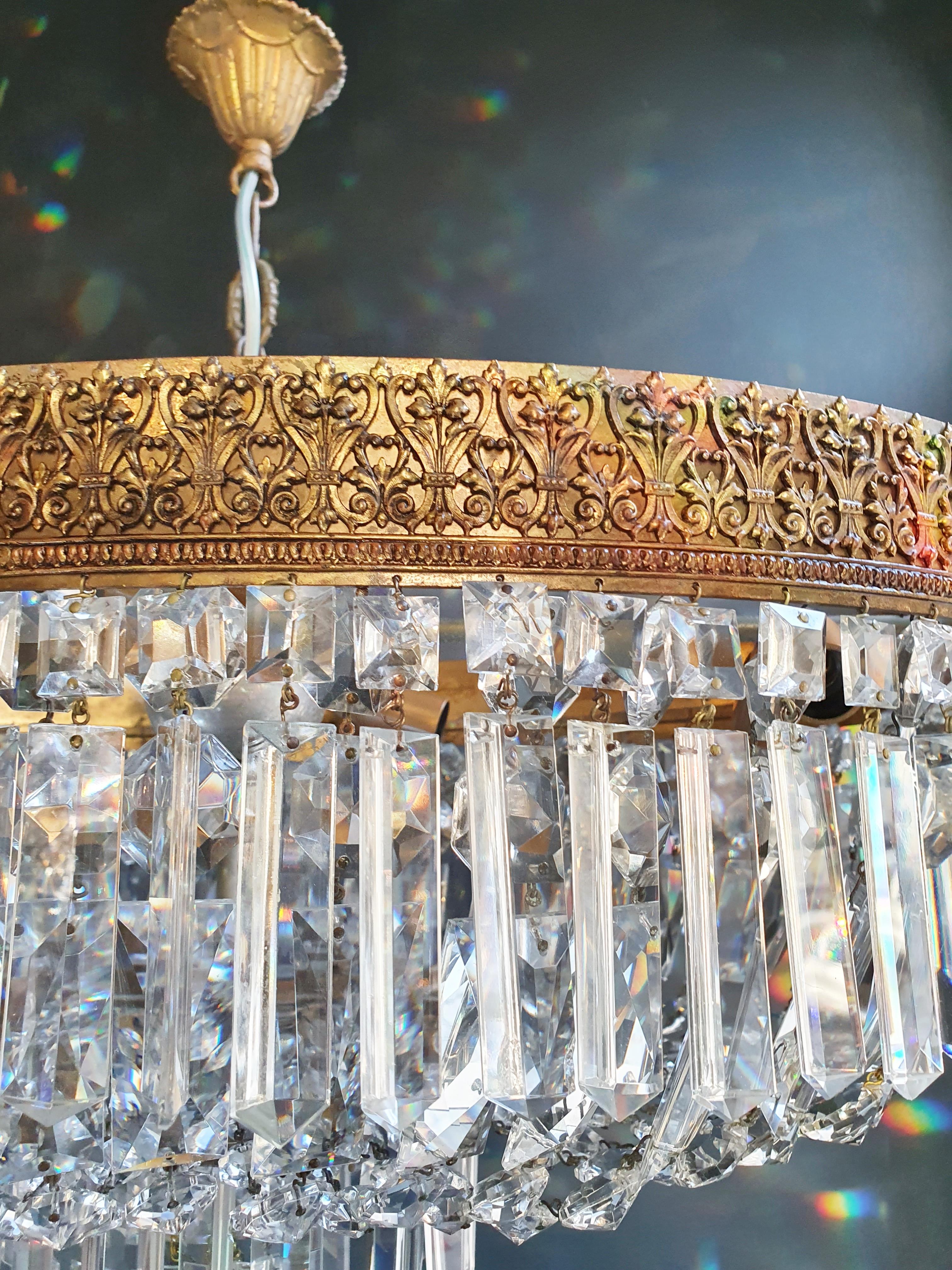 European Low Oval Plafonnier Crystal Chandelier Brass Lustre Ceiling Antique Art Nouveau