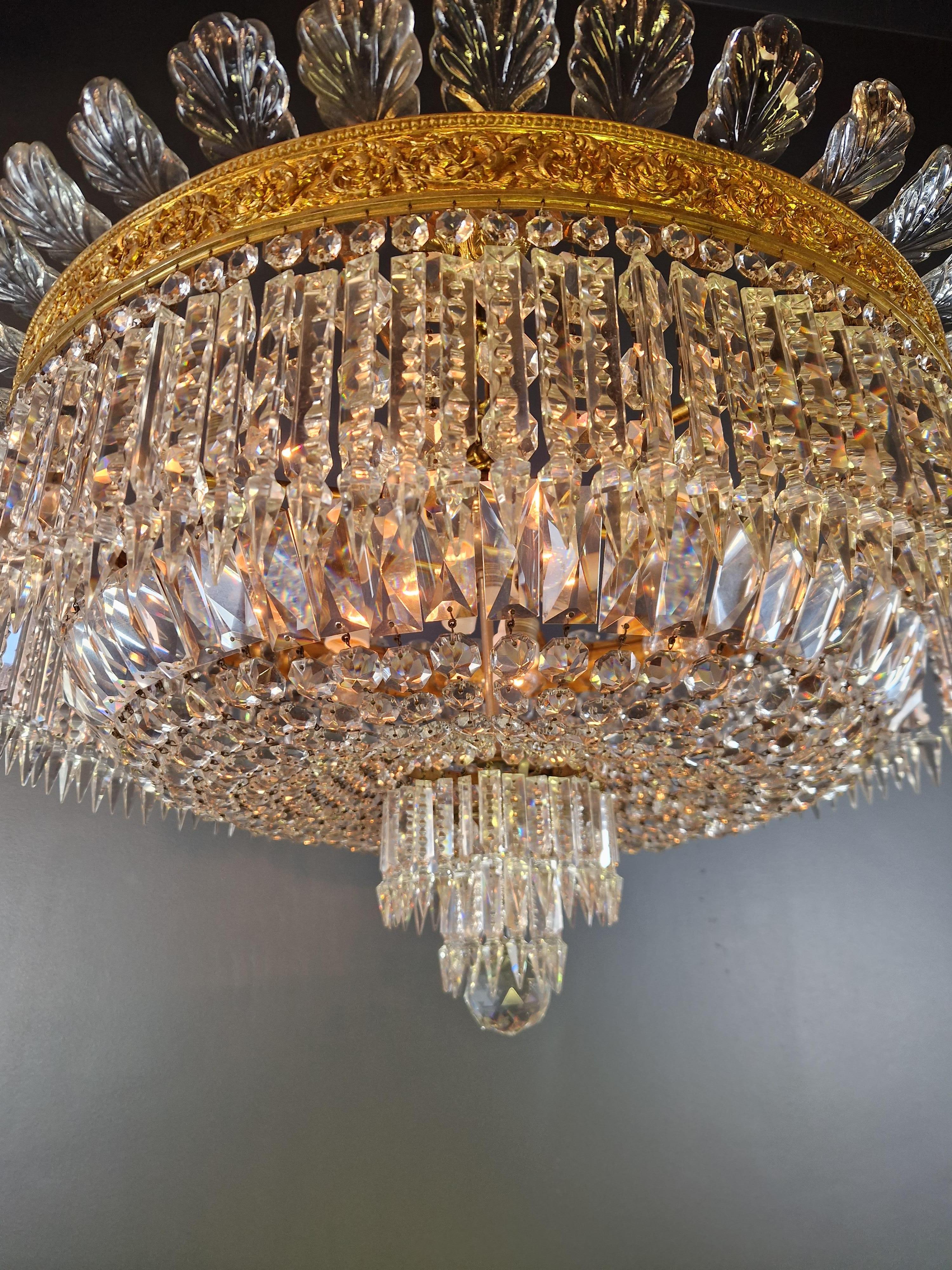 Italian Plafonnier Crystal Chandelier Brass Lustre Ceiling Antique Art Nouveau For Sale