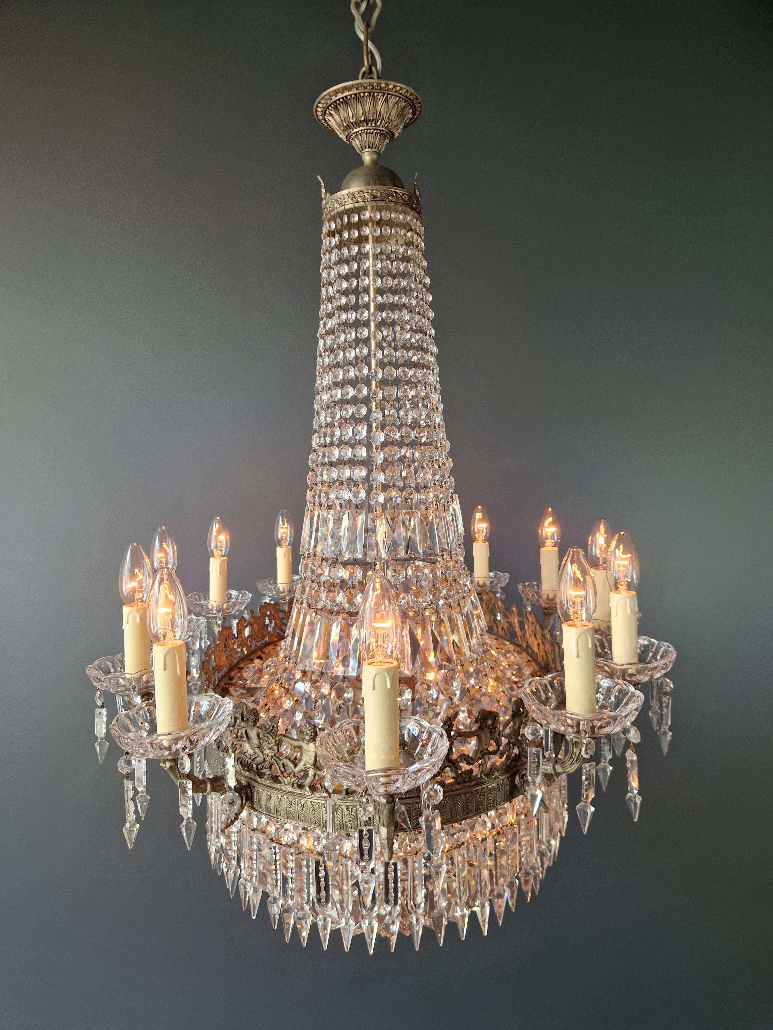 Low Oval Plafonnier Crystal Chandelier Brass Lustre Ceiling Antique Art Nouveau 3