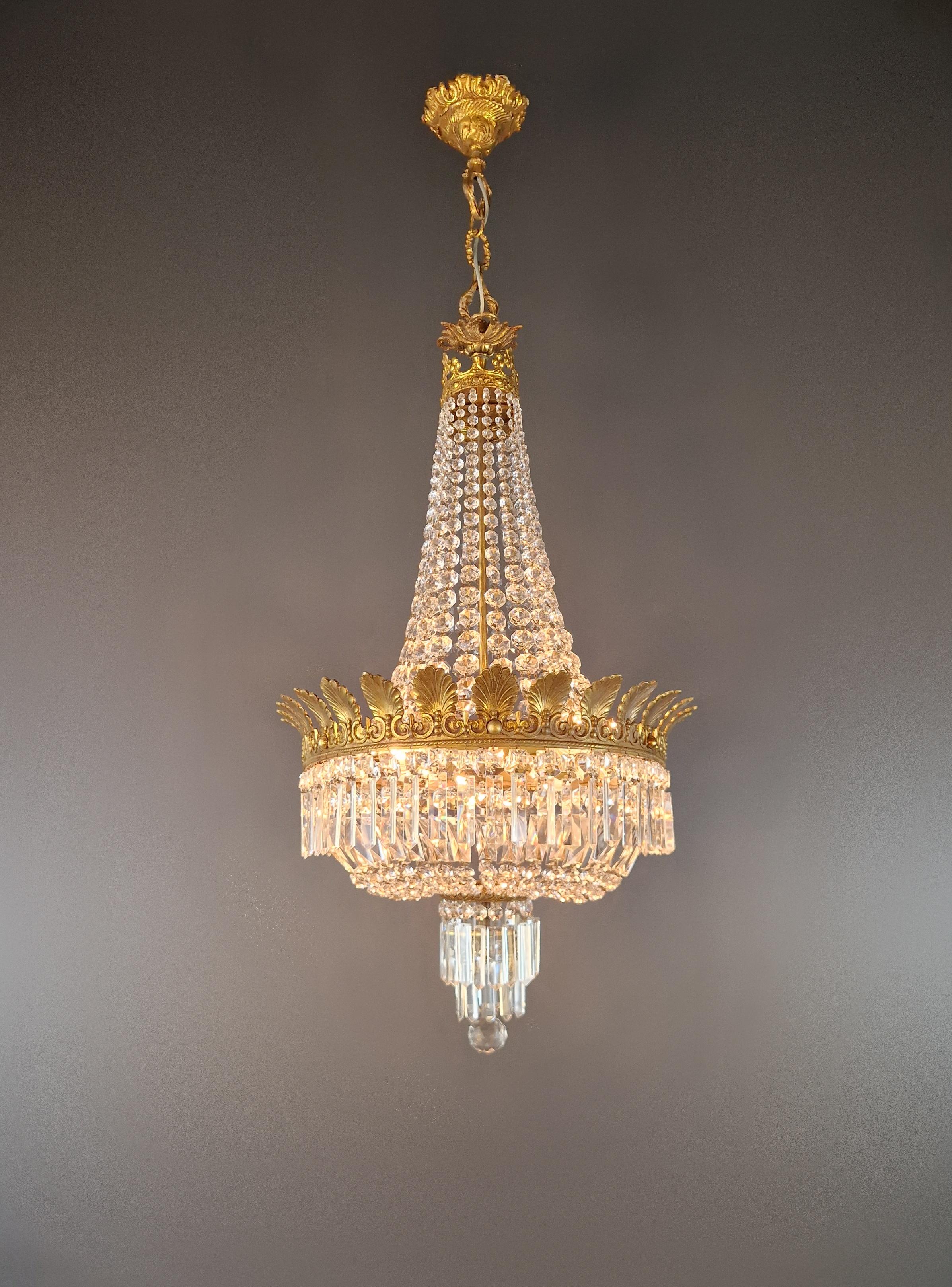 Italian Low Oval Plafonnier Crystal Chandelier Brass Lustre Ceiling Antique Art Nouveau For Sale