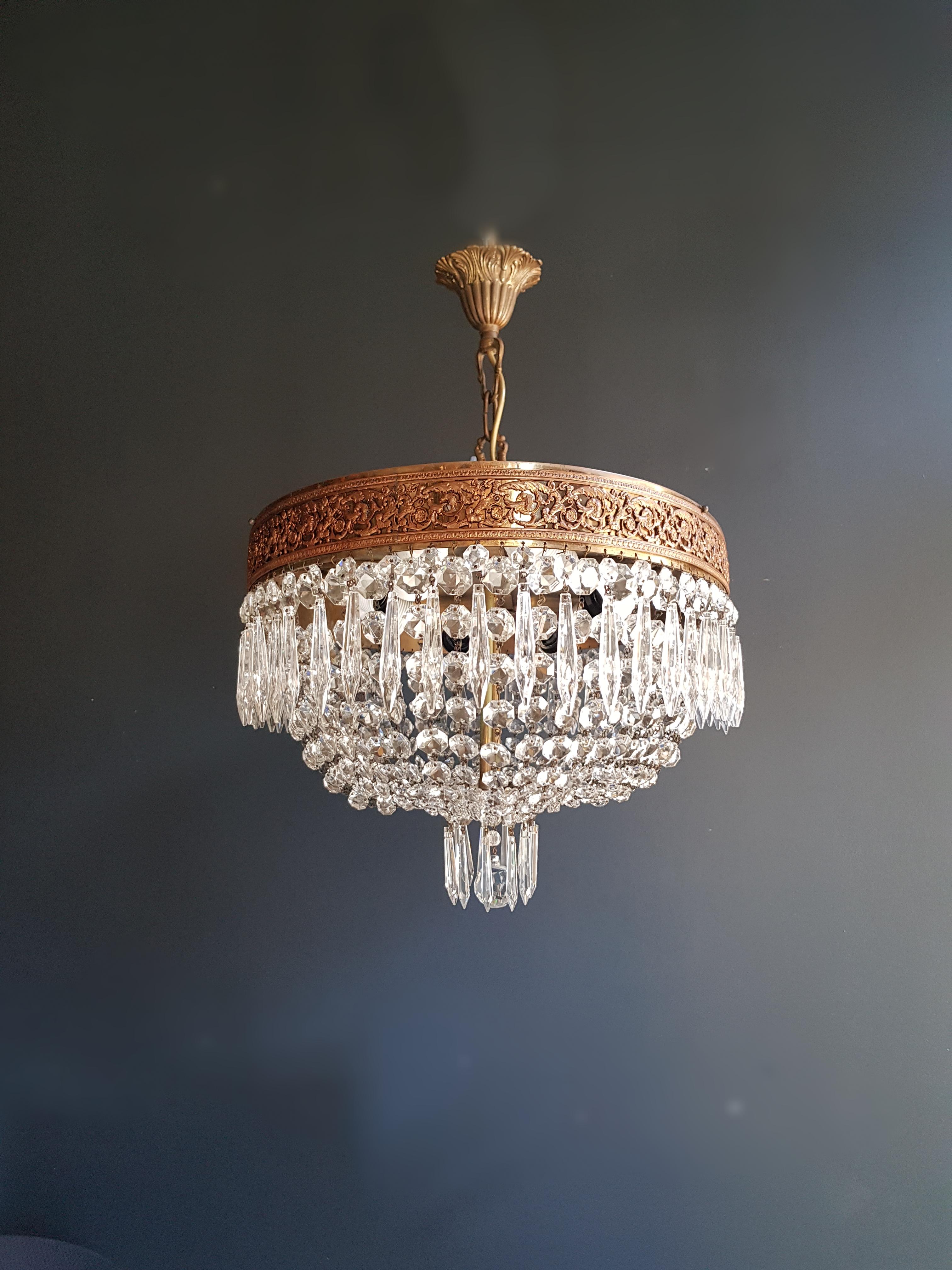 European Low Oval Plafonnier Crystal Chandelier Brass Lustre Ceiling Antique Art Nouveau