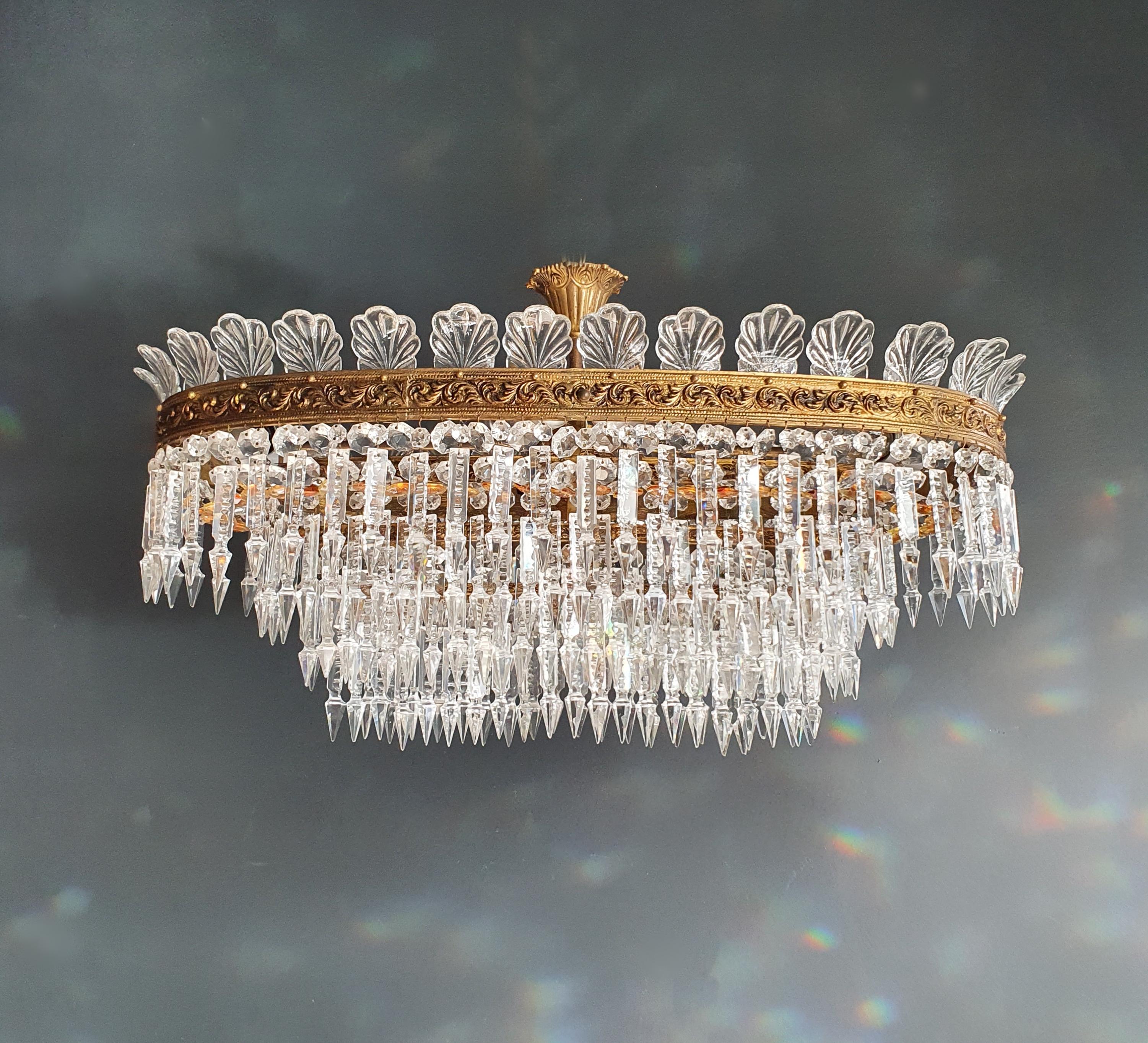 Hand-Knotted Low Oval Plafonnier Crystal Chandelier Brass Lustre Ceiling Antique Art Nouveau