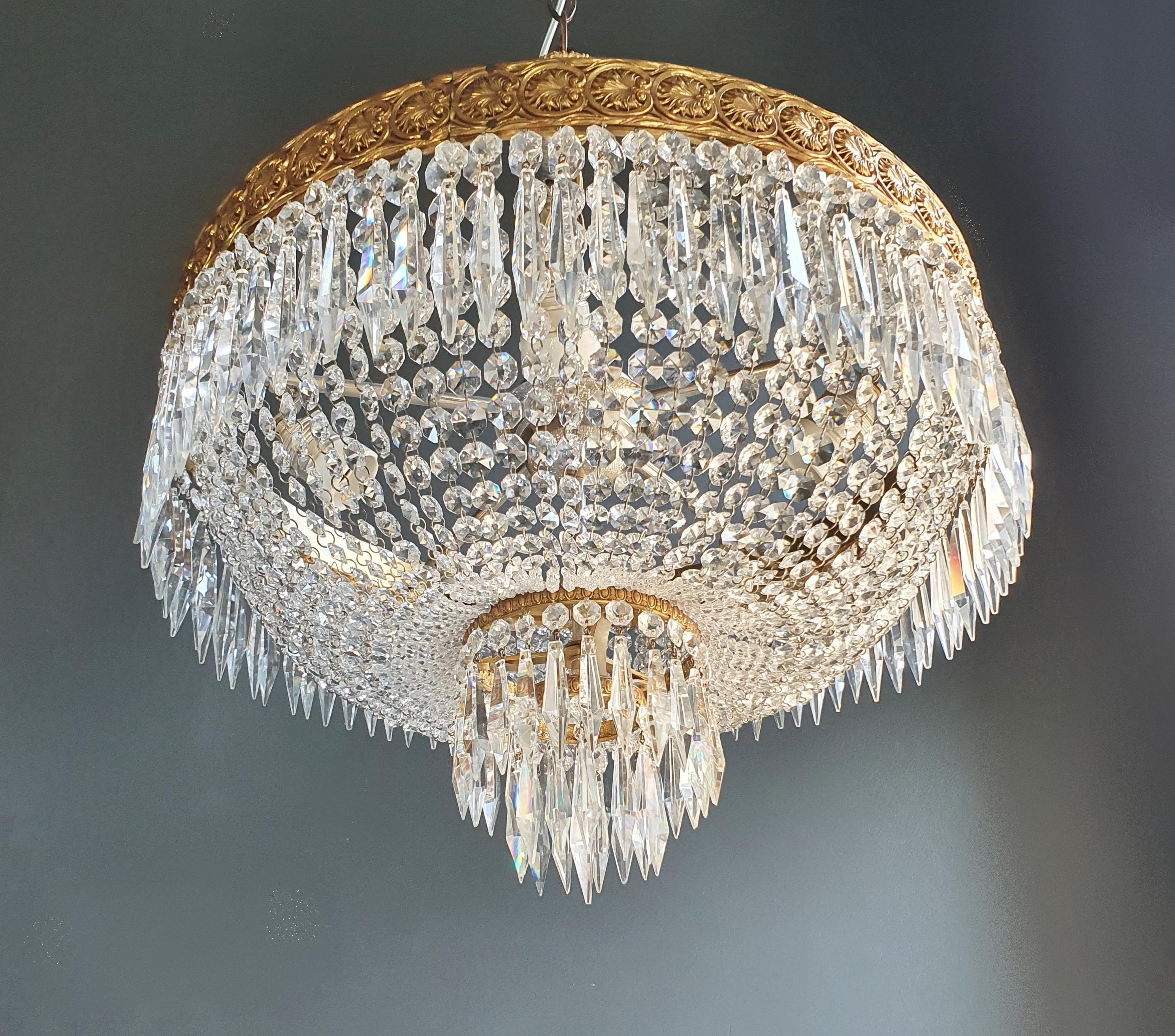 Hand-Knotted Low Oval Plafonnier Crystal Chandelier Brass Lustre Ceiling Antique Art Nouveau
