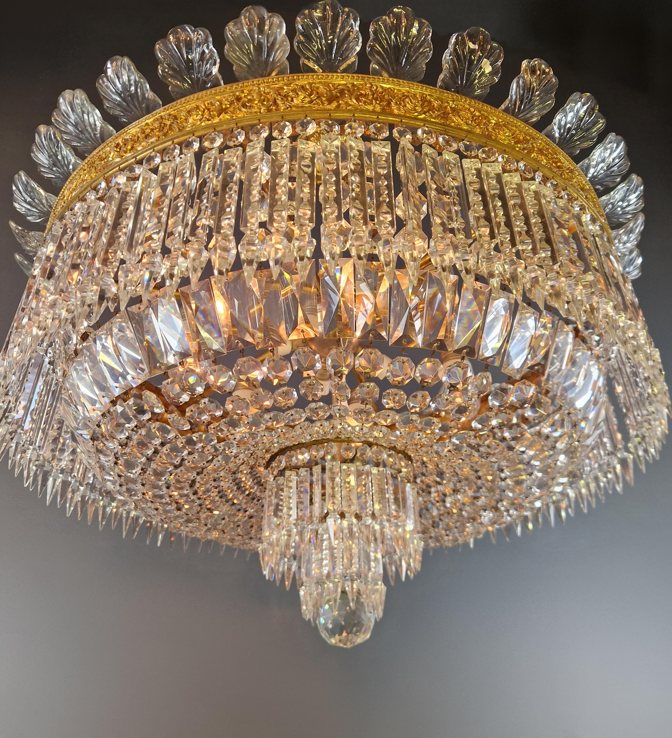 Hand-Knotted Plafonnier Crystal Chandelier Brass Lustre Ceiling Antique Art Nouveau For Sale