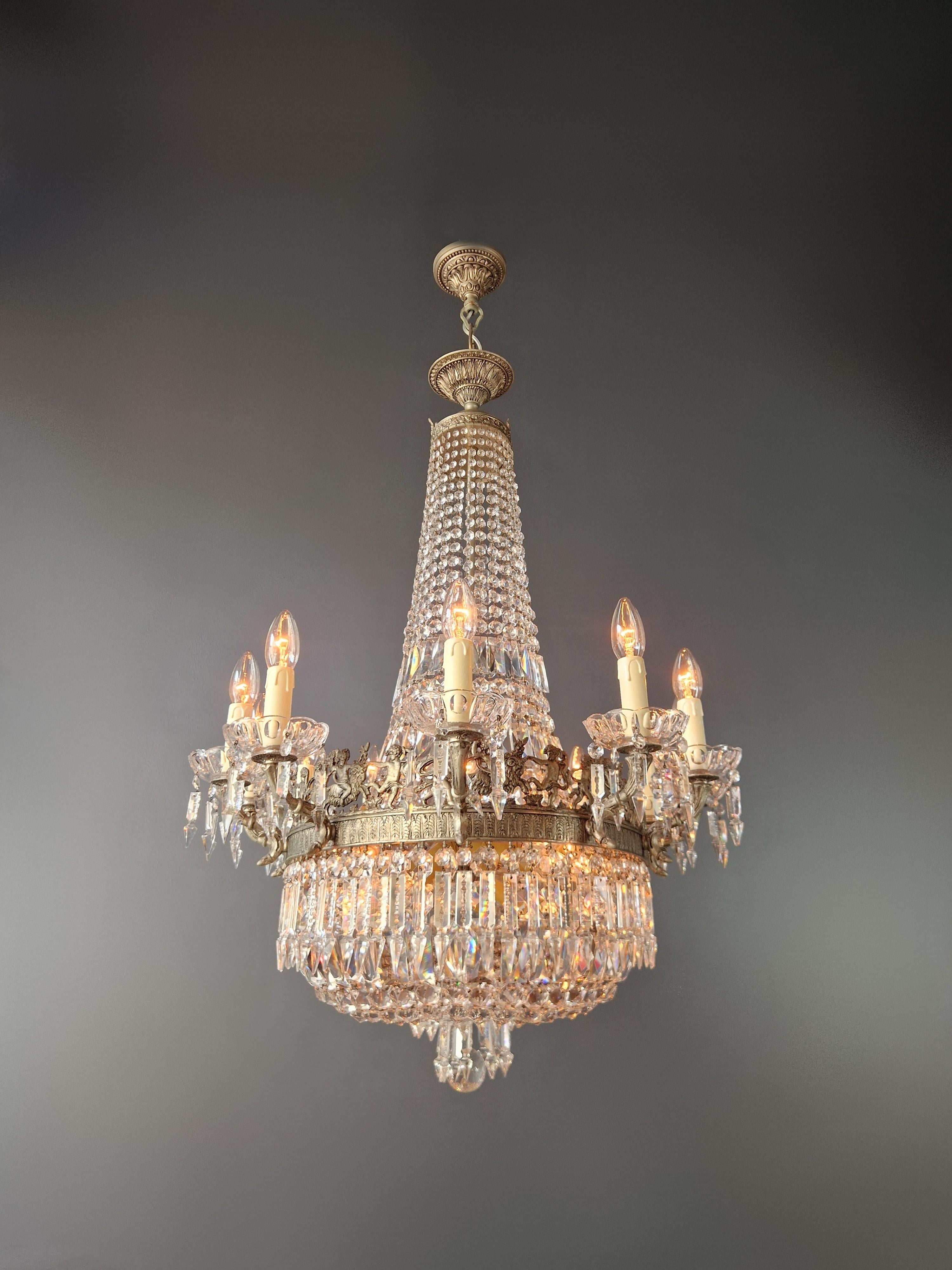 Low Oval Plafonnier Crystal Chandelier Brass Lustre Ceiling Antique Art Nouveau In Good Condition In Berlin, DE