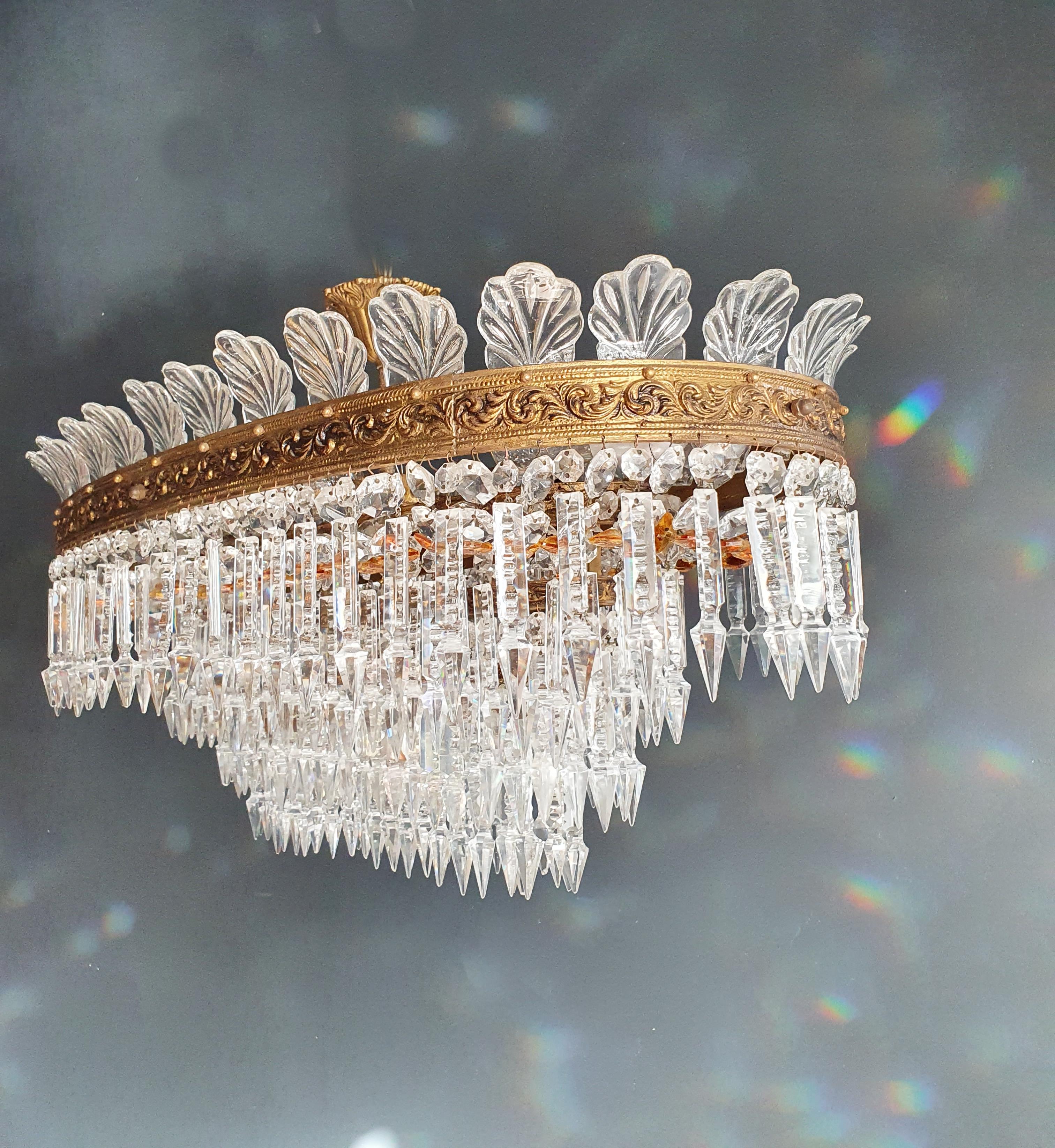 Low Oval Plafonnier Crystal Chandelier Brass Lustre Ceiling Antique Art Nouveau In Good Condition In Berlin, DE