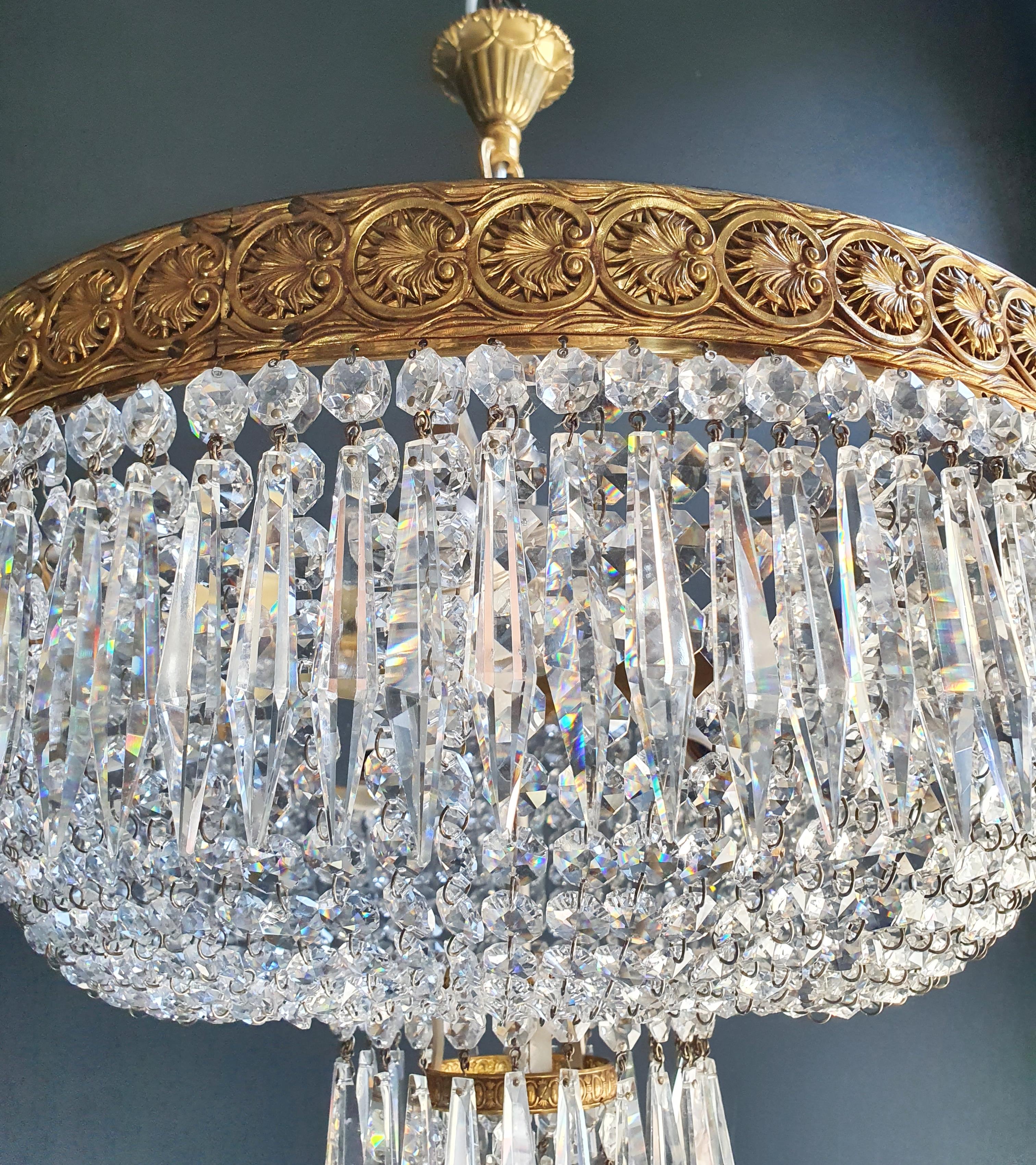 Low Oval Plafonnier Crystal Chandelier Brass Lustre Ceiling Antique Art Nouveau In Good Condition In Berlin, DE