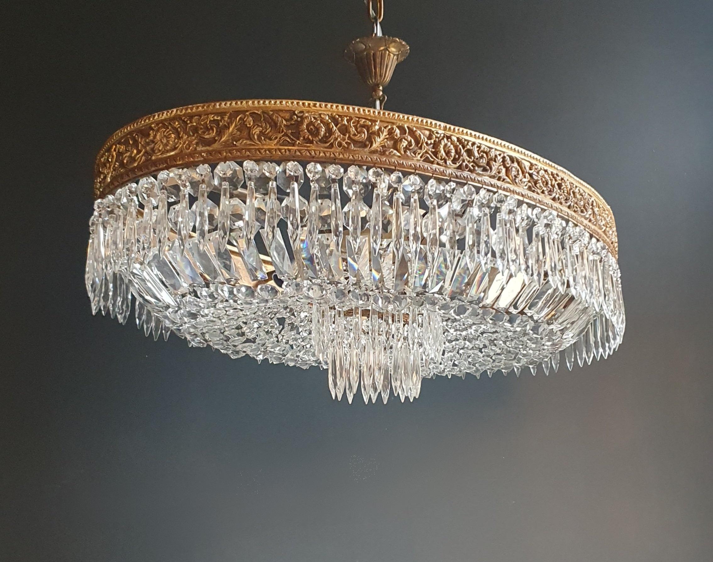 Baroque Low Oval Plafonnier Crystal Chandelier Brass Lustre Ceiling Antique Art Nouveau