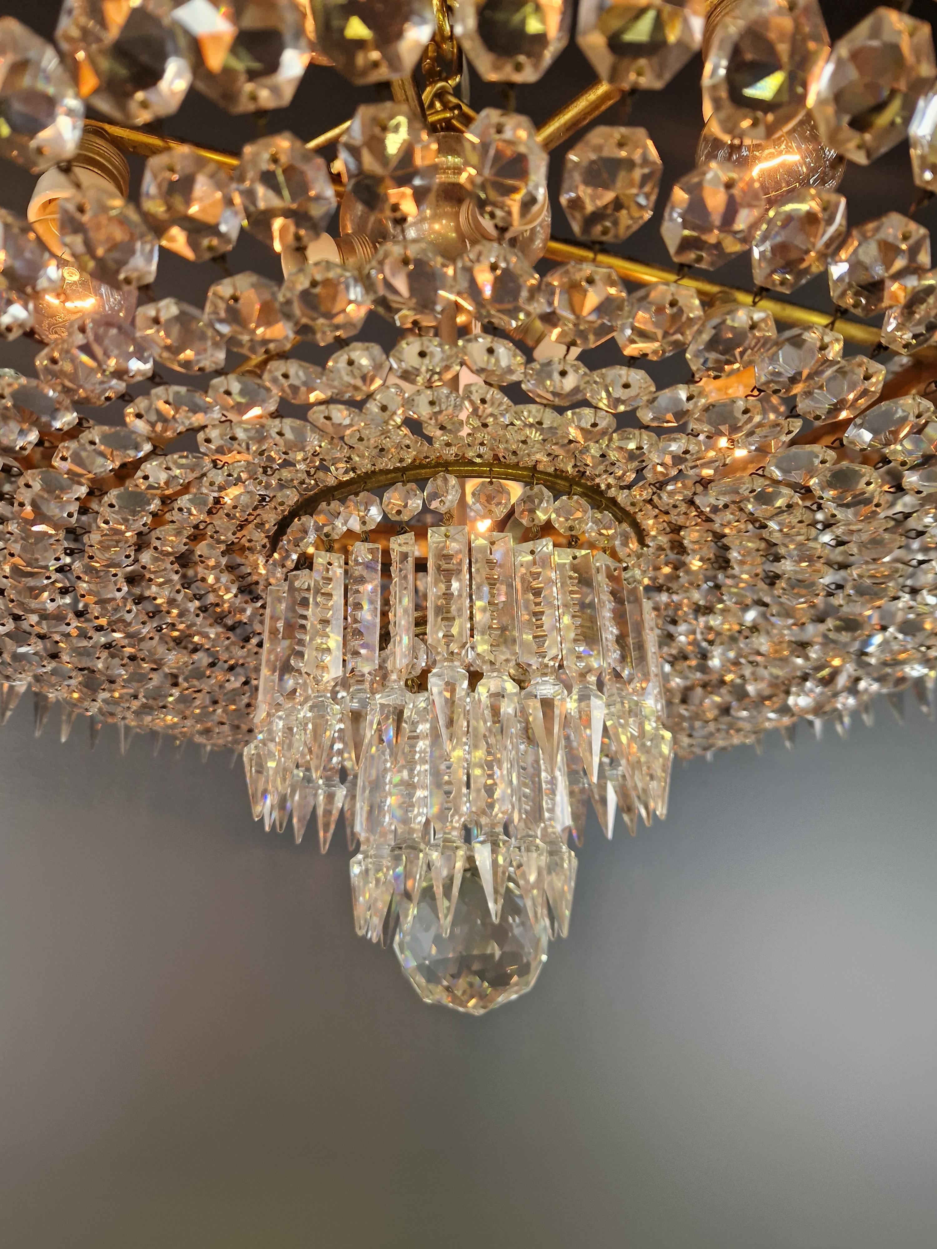 Plafonnier Crystal Chandelier Brass Lustre Ceiling Antique Art Nouveau In Good Condition For Sale In Berlin, DE
