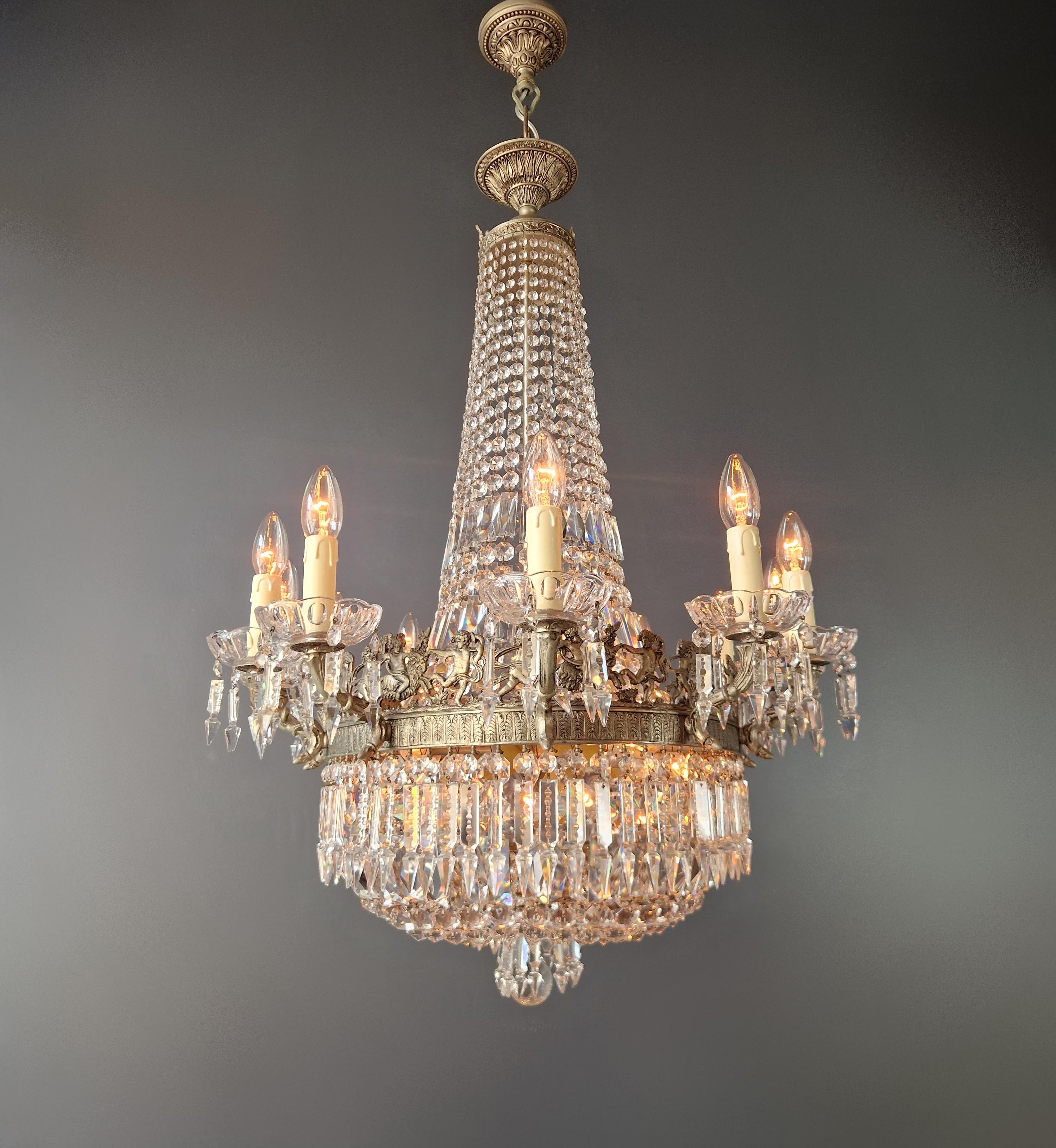 Early 20th Century Low Oval Plafonnier Crystal Chandelier Brass Lustre Ceiling Antique Art Nouveau