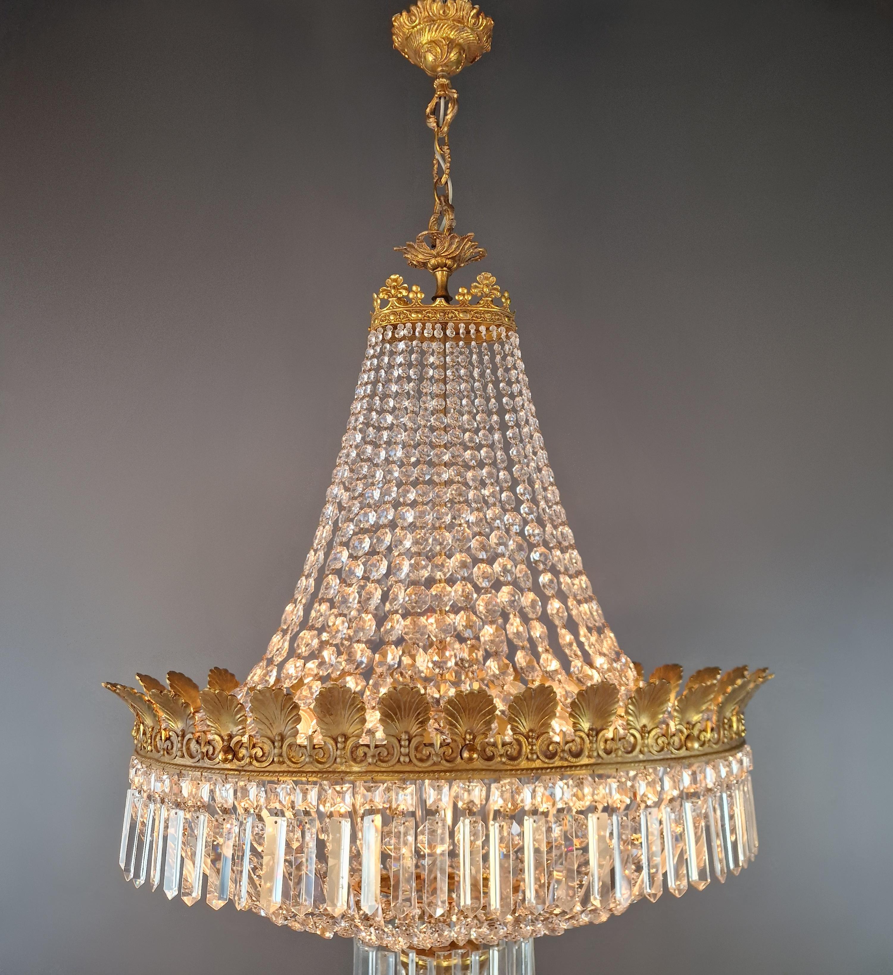 Low Oval Plafonnier Crystal Chandelier Brass Lustre Ceiling Antique Art Nouveau In Good Condition For Sale In Berlin, DE