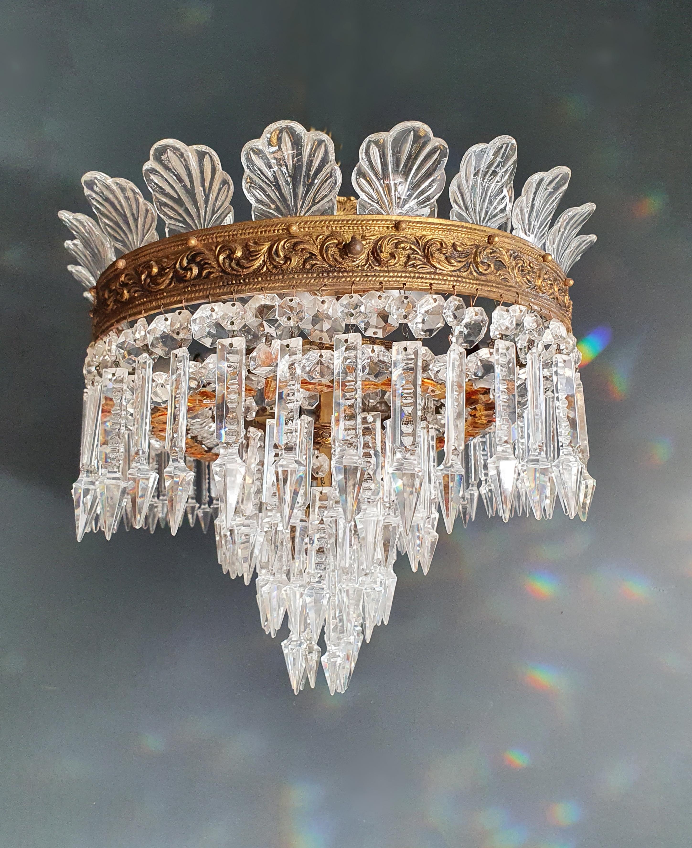 Early 20th Century Low Oval Plafonnier Crystal Chandelier Brass Lustre Ceiling Antique Art Nouveau