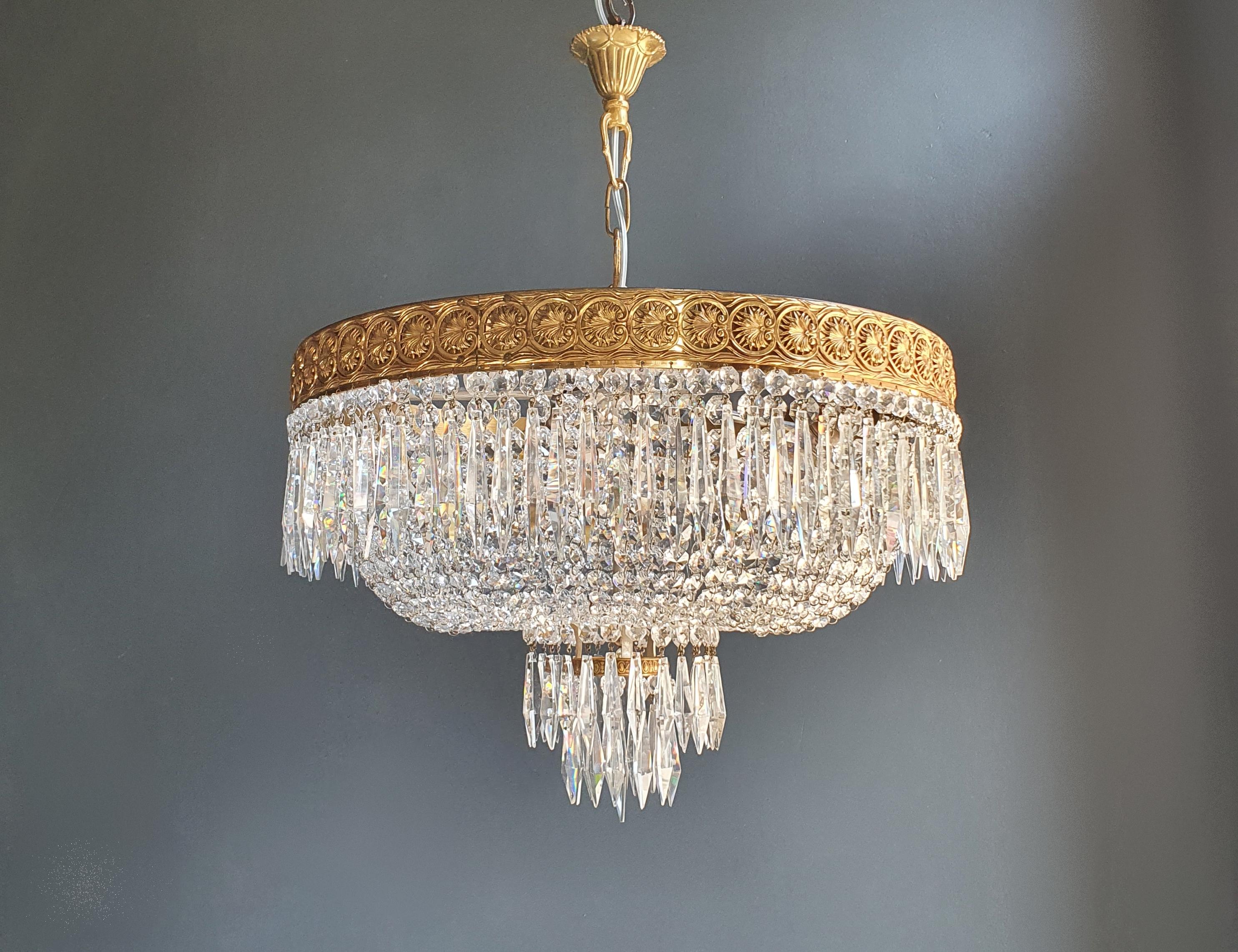 Mid-20th Century Low Oval Plafonnier Crystal Chandelier Brass Lustre Ceiling Antique Art Nouveau