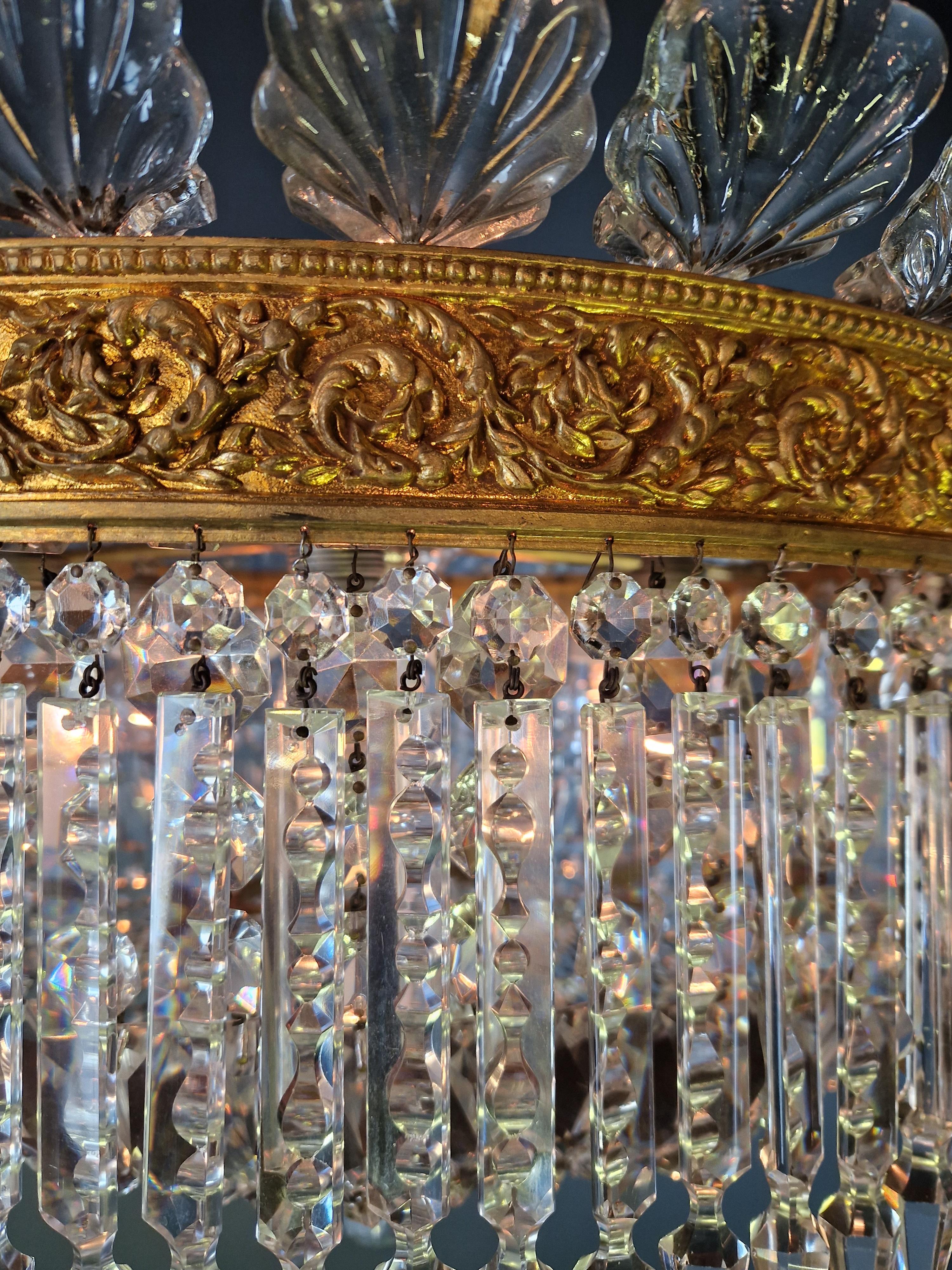 Mid-20th Century Plafonnier Crystal Chandelier Brass Lustre Ceiling Antique Art Nouveau For Sale