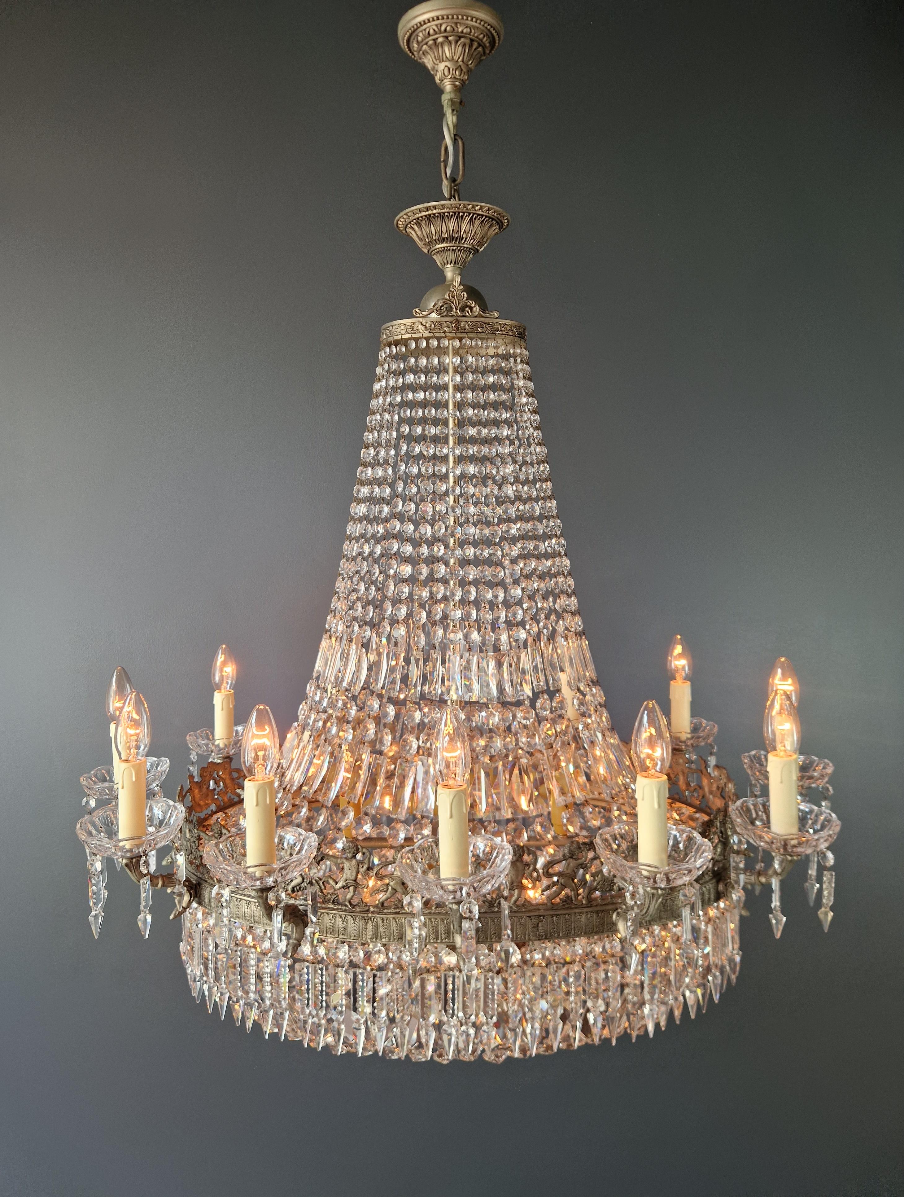 Low Oval Plafonnier Crystal Chandelier Brass Lustre Ceiling Antique Art Nouveau 1