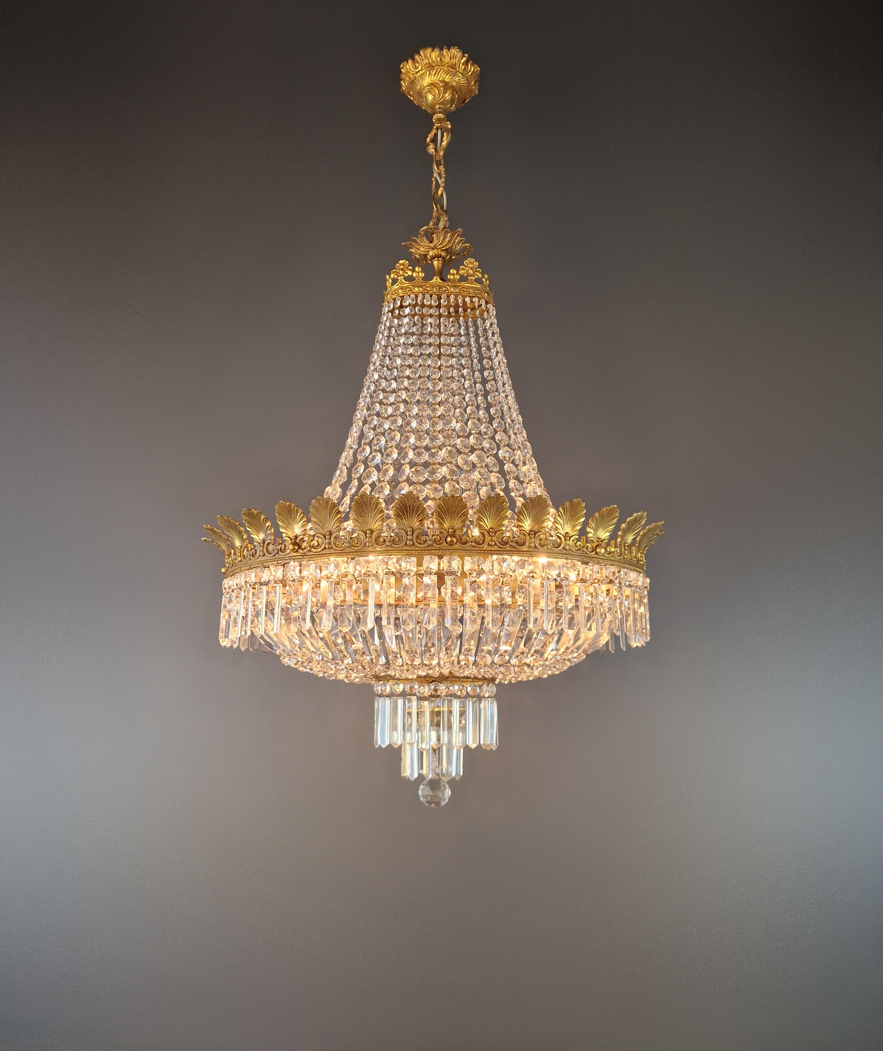 Early 20th Century Low Oval Plafonnier Crystal Chandelier Brass Lustre Ceiling Antique Art Nouveau For Sale