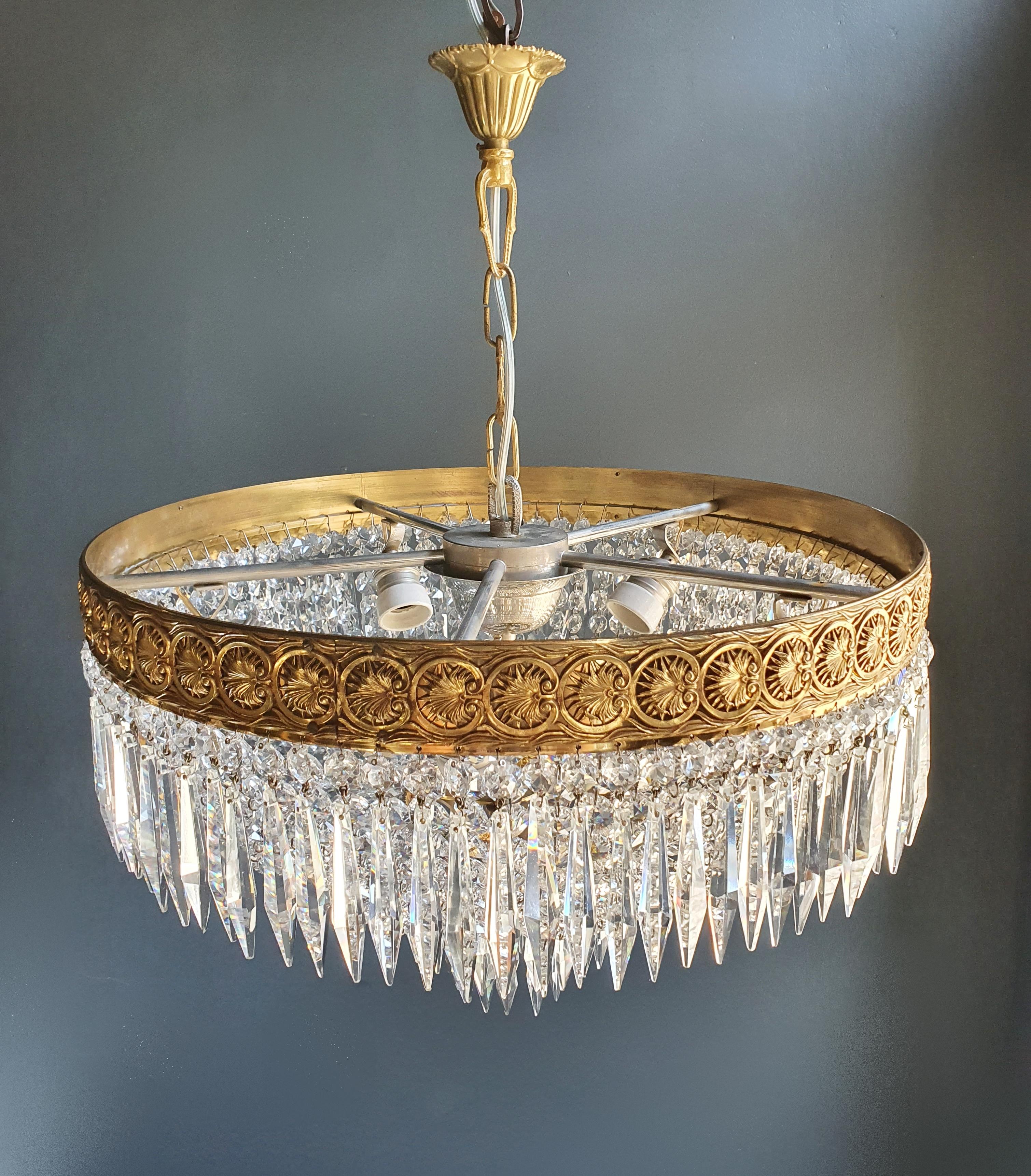 Low Oval Plafonnier Crystal Chandelier Brass Lustre Ceiling Antique Art Nouveau 1