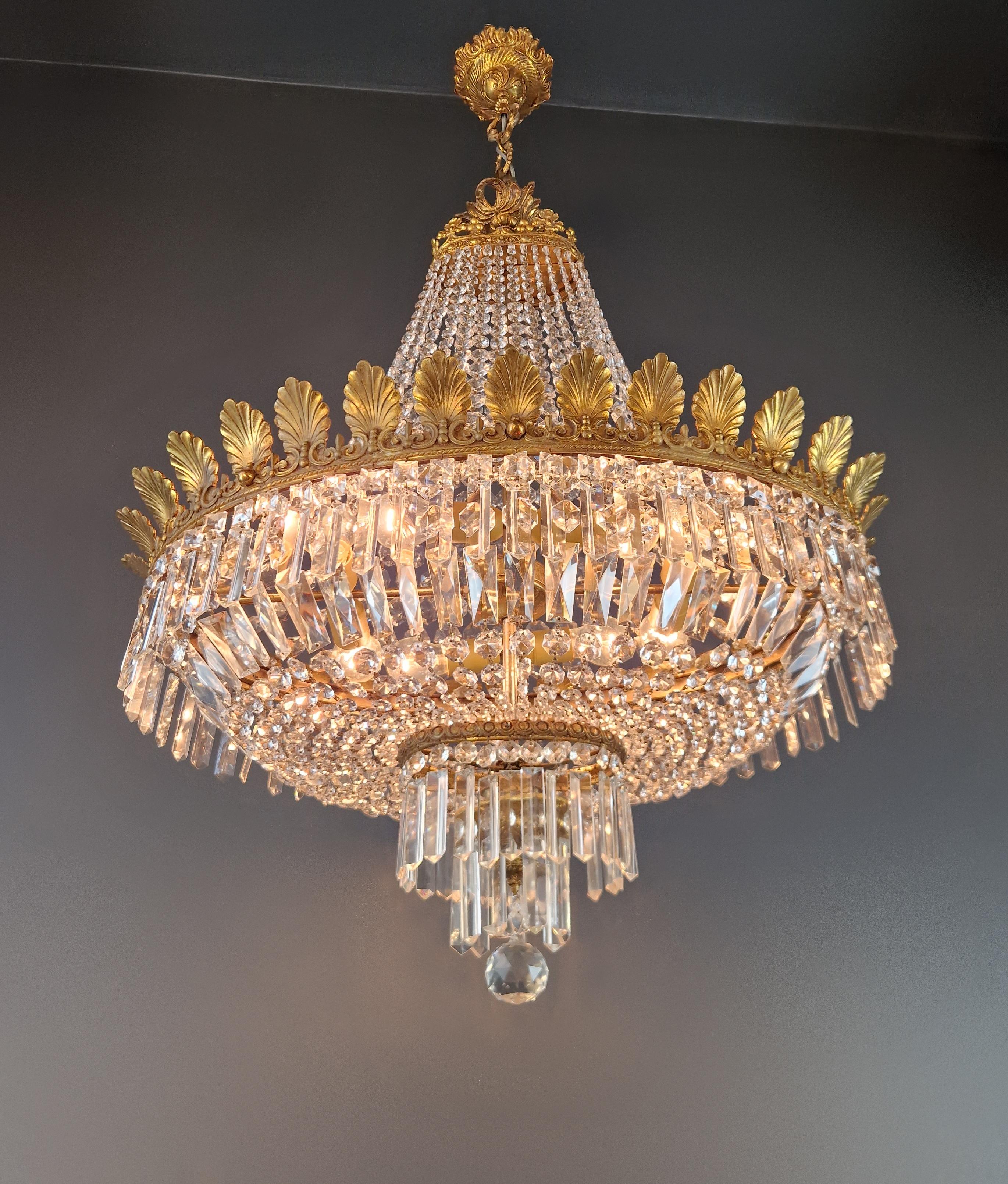 Low Oval Plafonnier Crystal Chandelier Brass Lustre Ceiling Antique Art Nouveau For Sale 1
