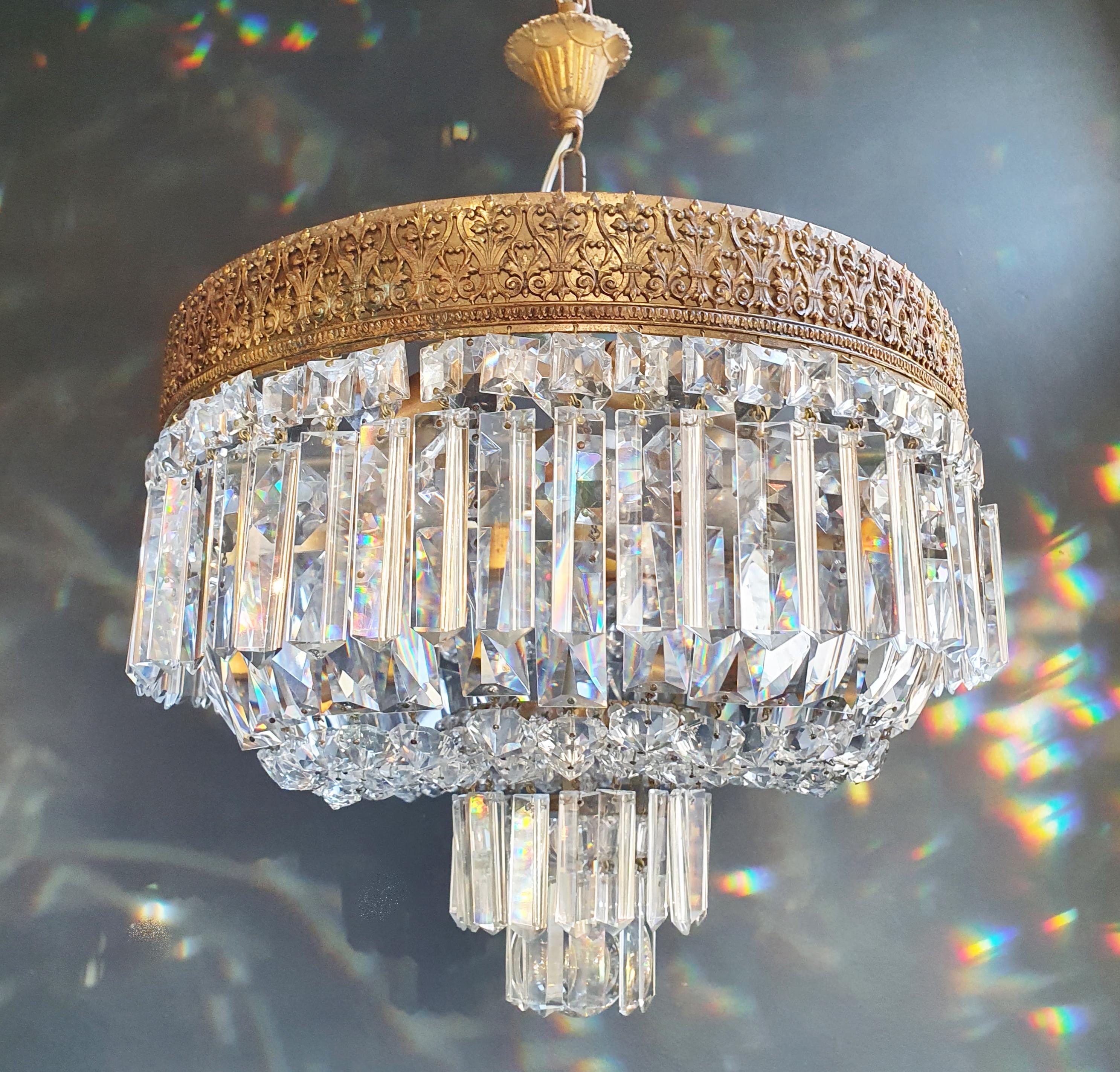 Low Oval Plafonnier Crystal Chandelier Brass Lustre Ceiling Antique Art Nouveau 2