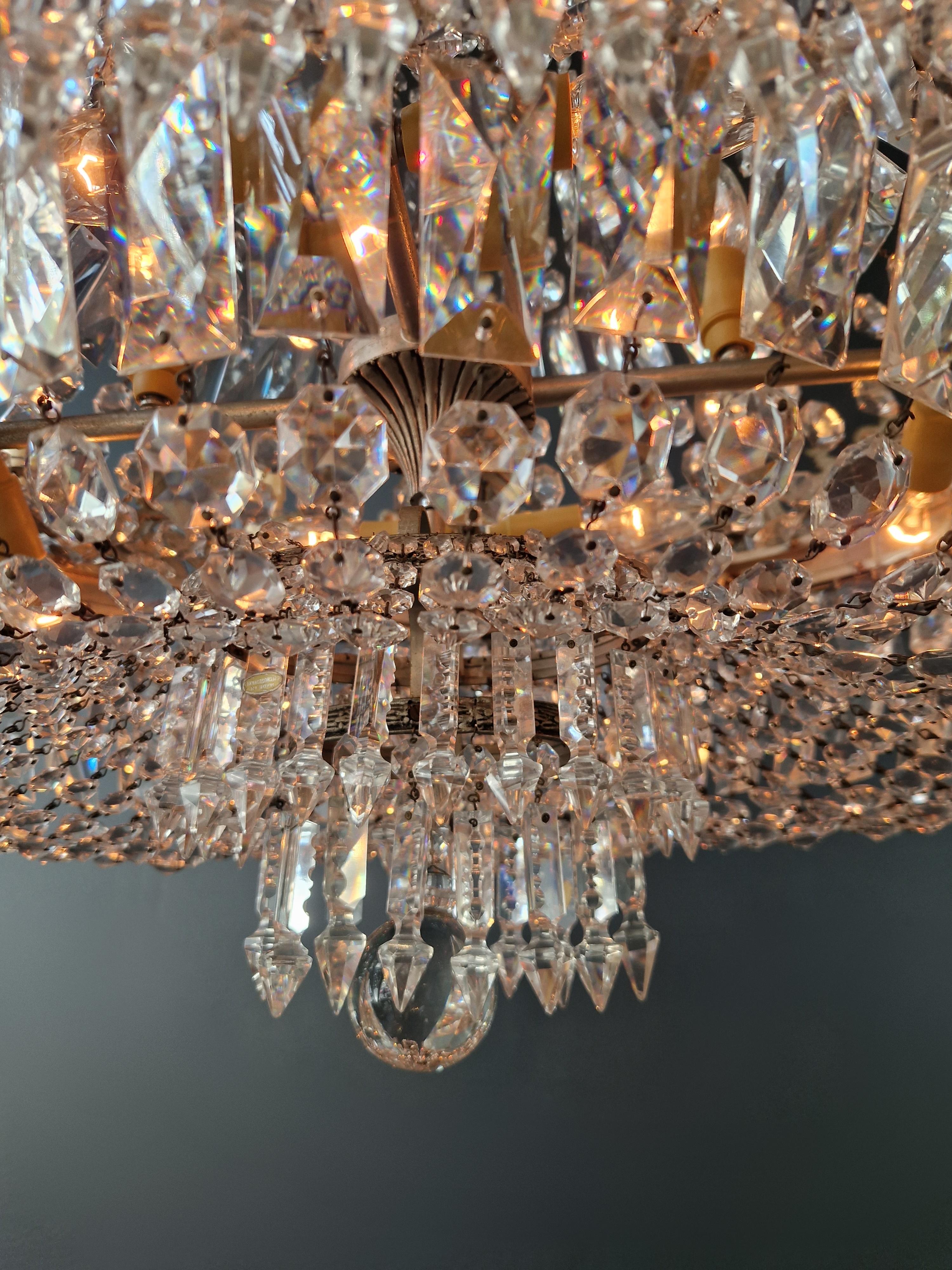 Low Oval Plafonnier Crystal Chandelier Brass Lustre Ceiling Antique Art Nouveau 6
