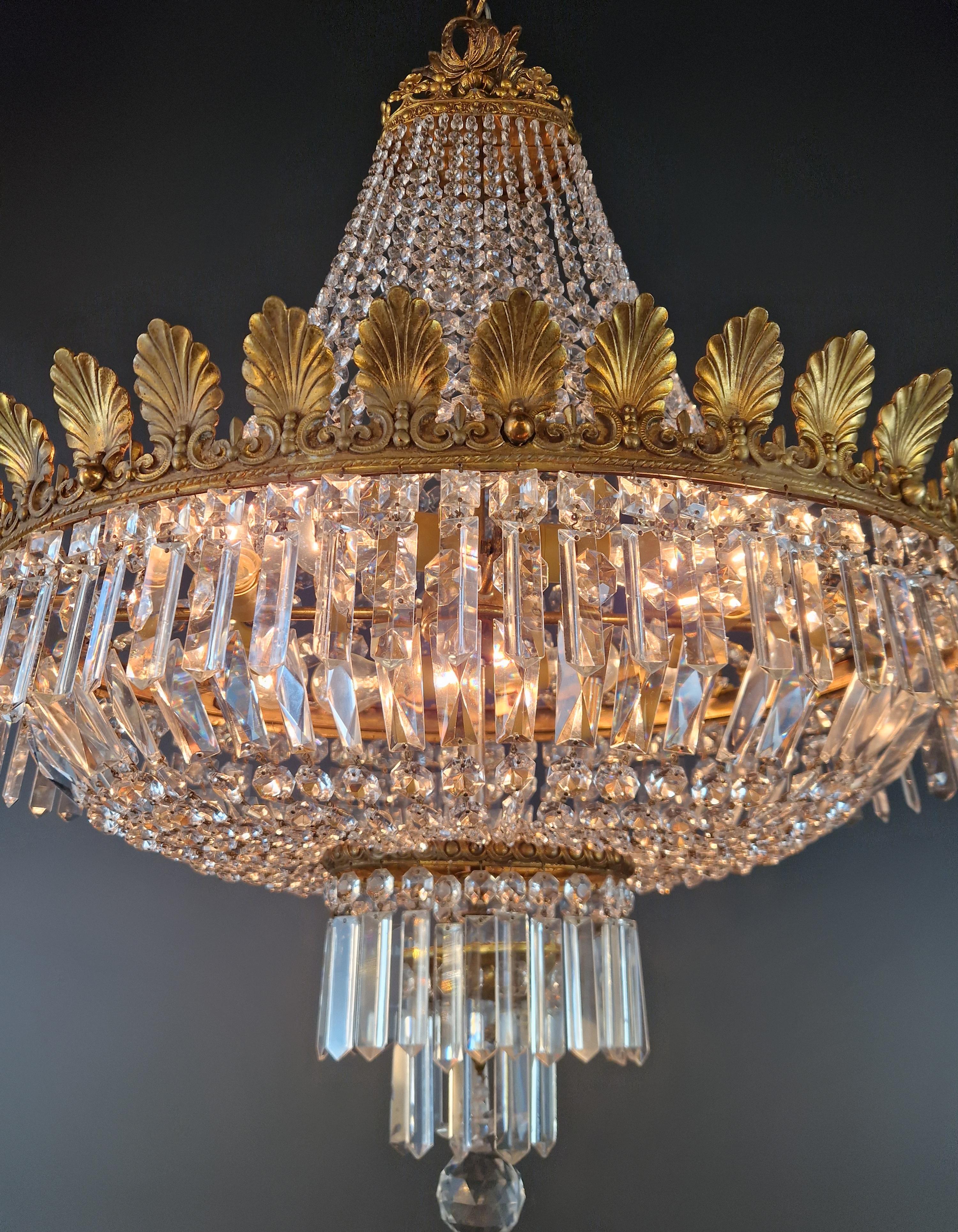 Low Oval Plafonnier Crystal Chandelier Brass Lustre Ceiling Antique Art Nouveau For Sale 2