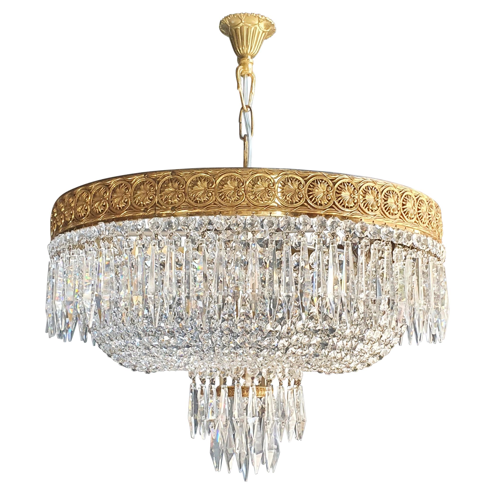 Low Oval Plafonnier Crystal Chandelier Brass Lustre Ceiling Antique Art Nouveau