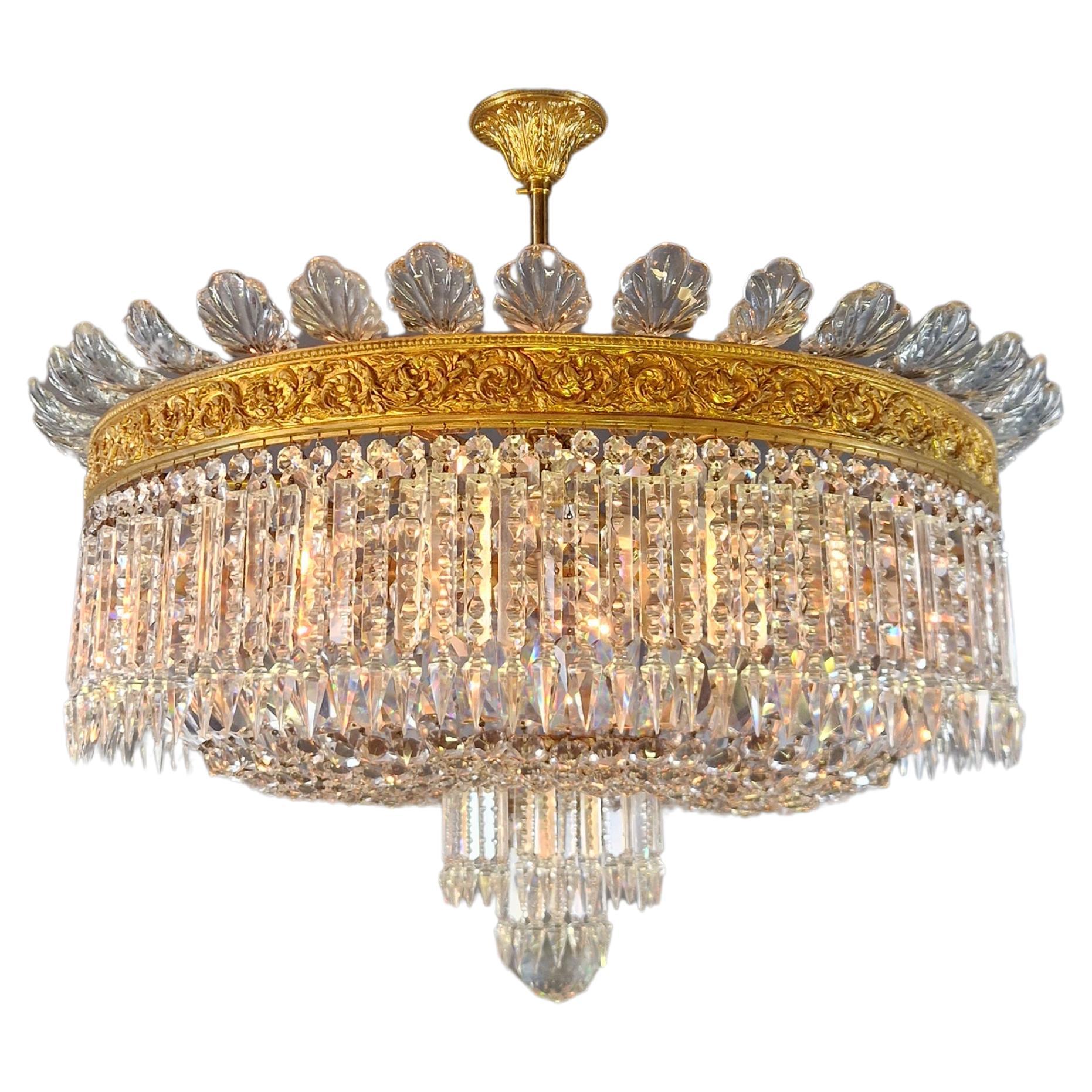 Plafonnier Crystal Chandelier Brass Lustre Ceiling Antique Art Nouveau For Sale