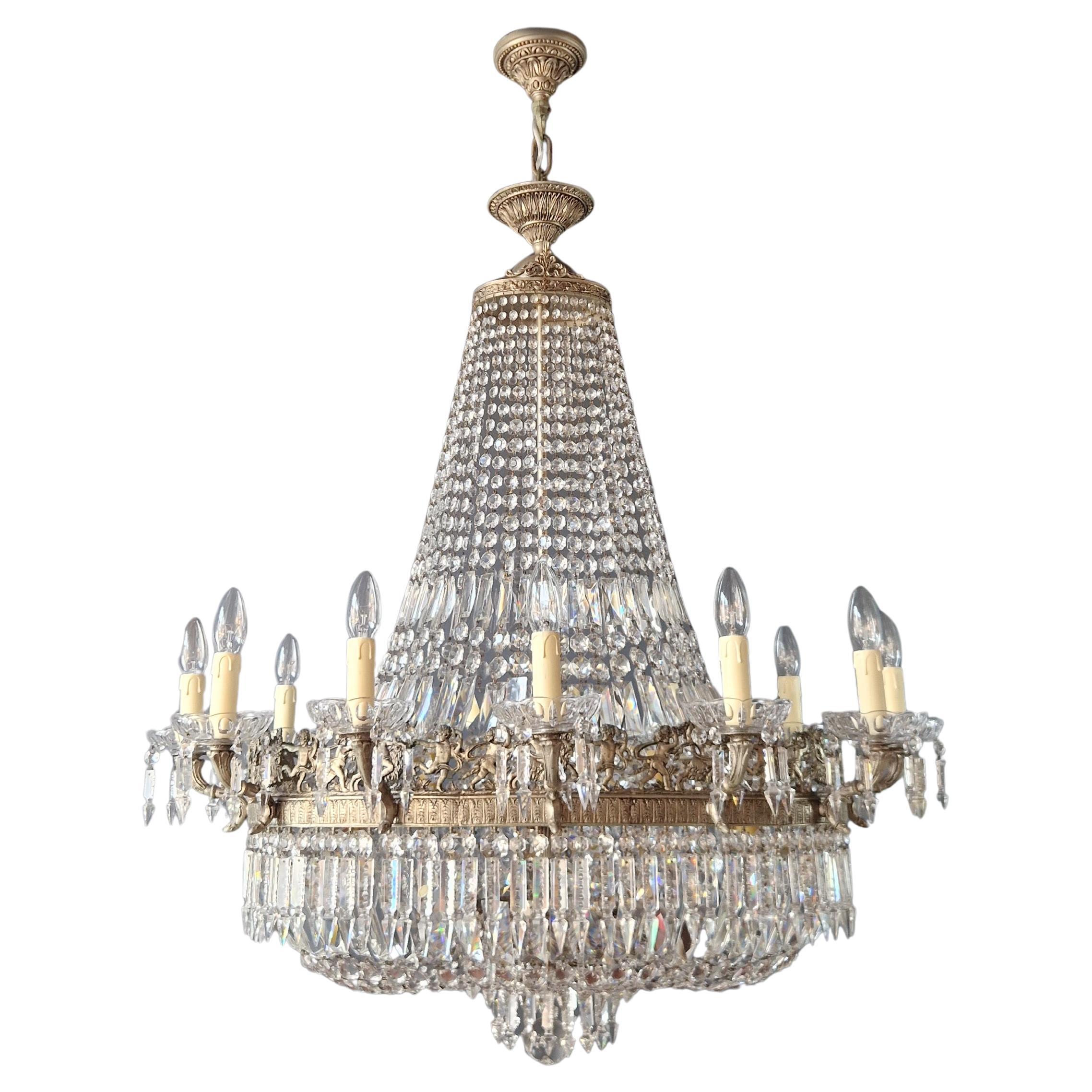 Low Oval Plafonnier Crystal Chandelier Brass Lustre Ceiling Antique Art Nouveau