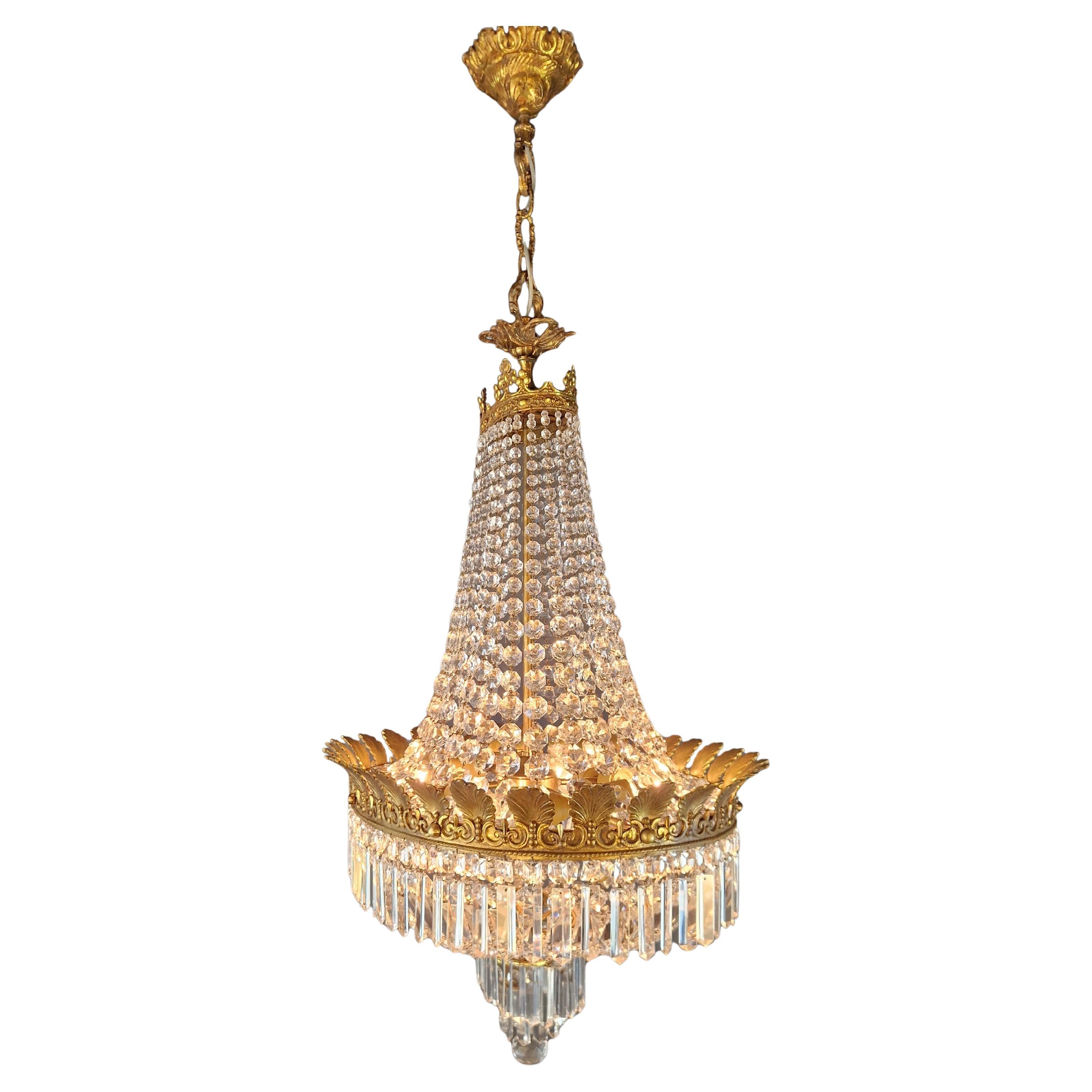 Low Oval Plafonnier Crystal Chandelier Brass Lustre Ceiling Antique Art Nouveau For Sale