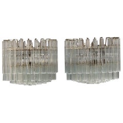 Low Pair of Chandelier Round Venini Design 1960s Glass Transparent Quatrefoil