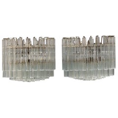 Low Pair of Chandelier Round Venini Design 1960s Glass Transparent Quatrefoil