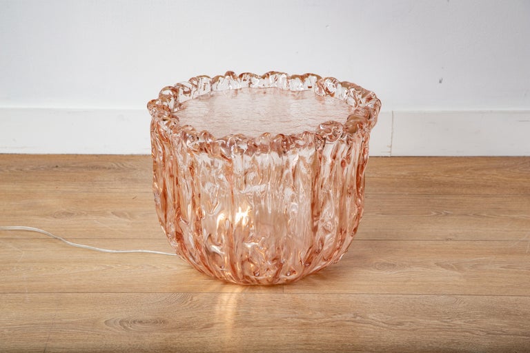 Contemporary low Murano pink glass side table, in stock
by Tokujin Yoshioka 
Pink Murano textured glass, inset top glass.
Can be used wired (lit inside) or without wiring
Ready to ship from our Miami gallery.
 