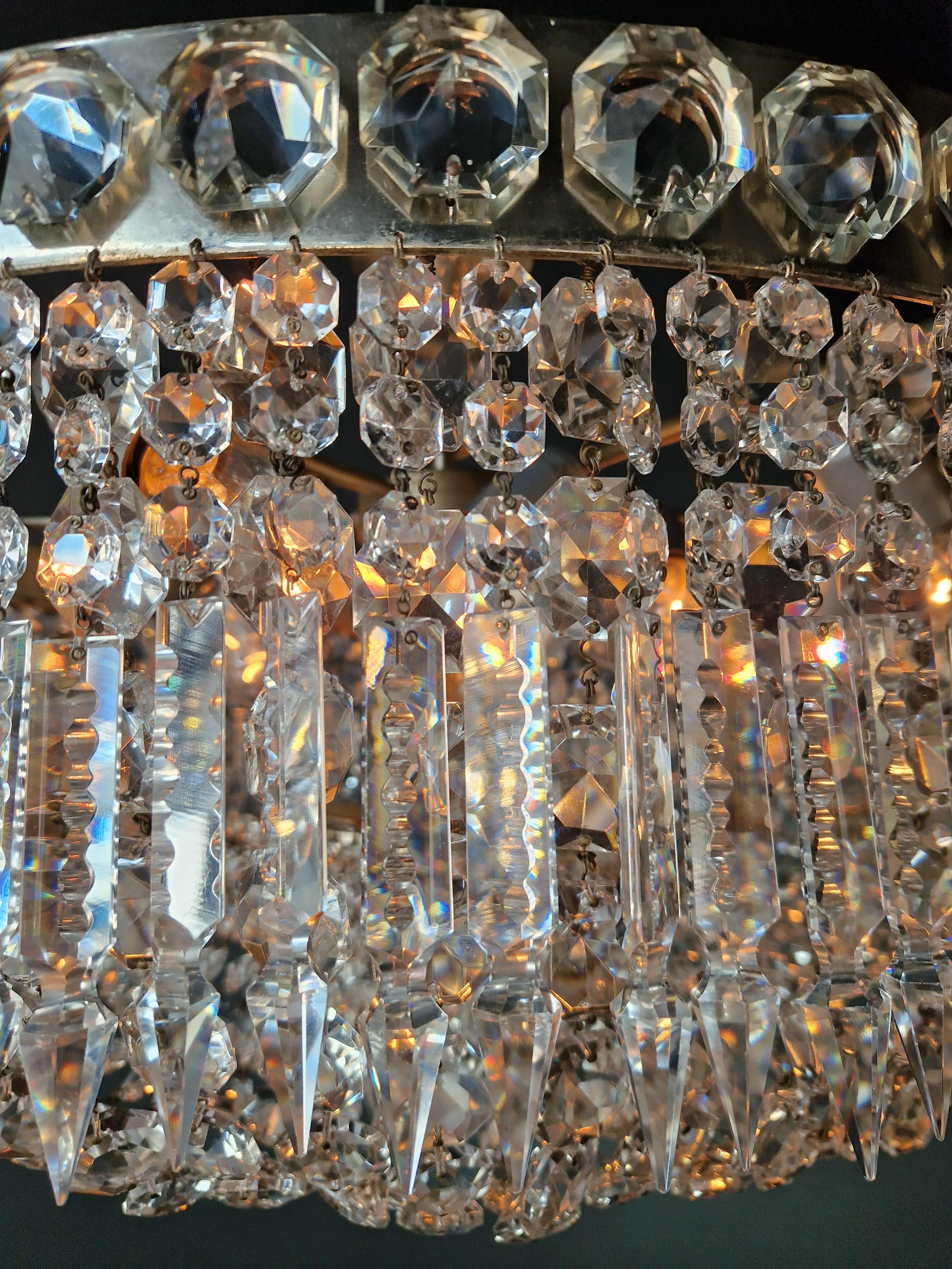 Low Plafonnier Antique Crystal Chandelier Brass Lustre Ceiling Silver Chrome For Sale 3