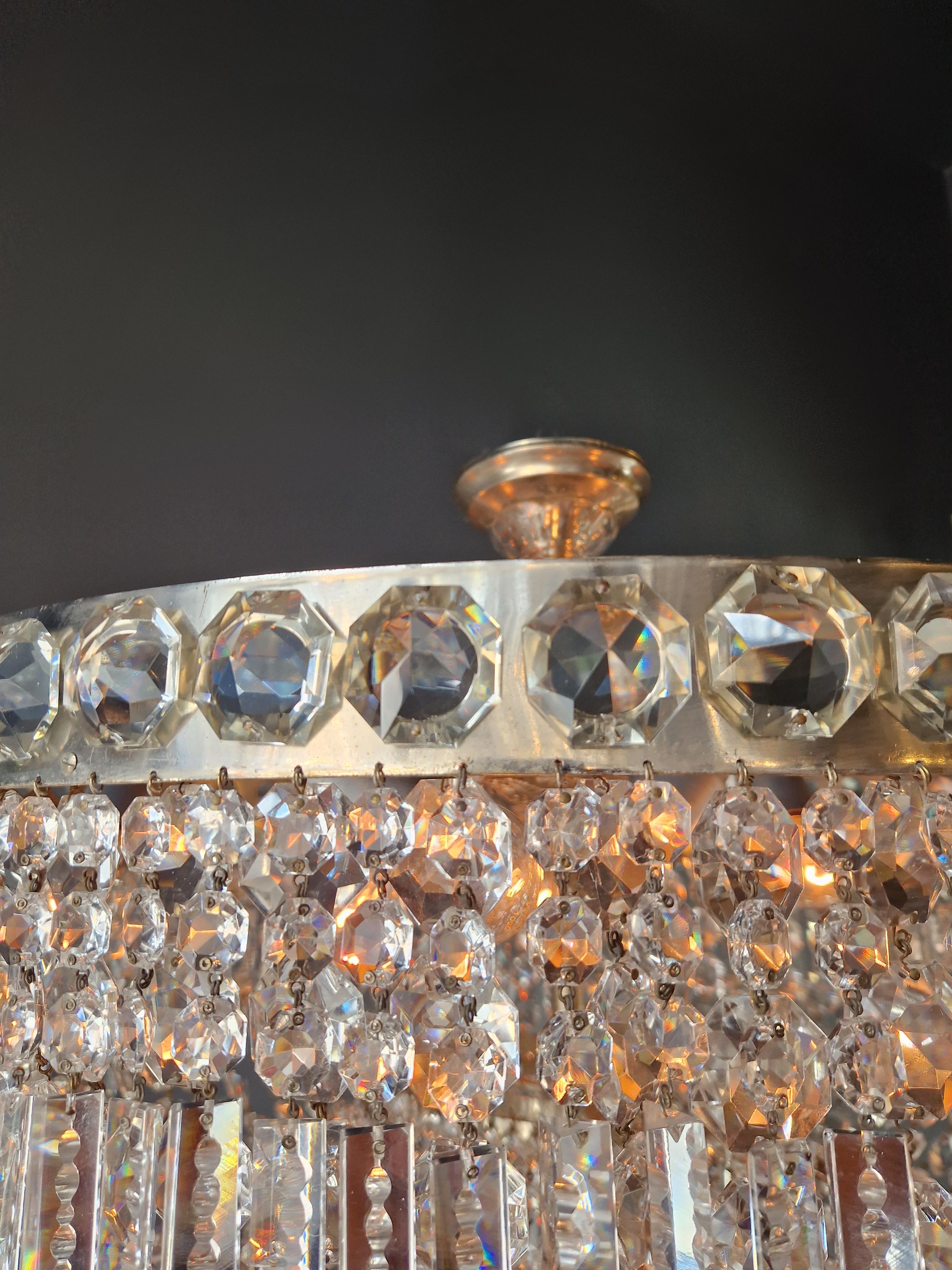 Low Plafonnier Antique Crystal Chandelier Brass Lustre Ceiling Silver Chrome For Sale 4