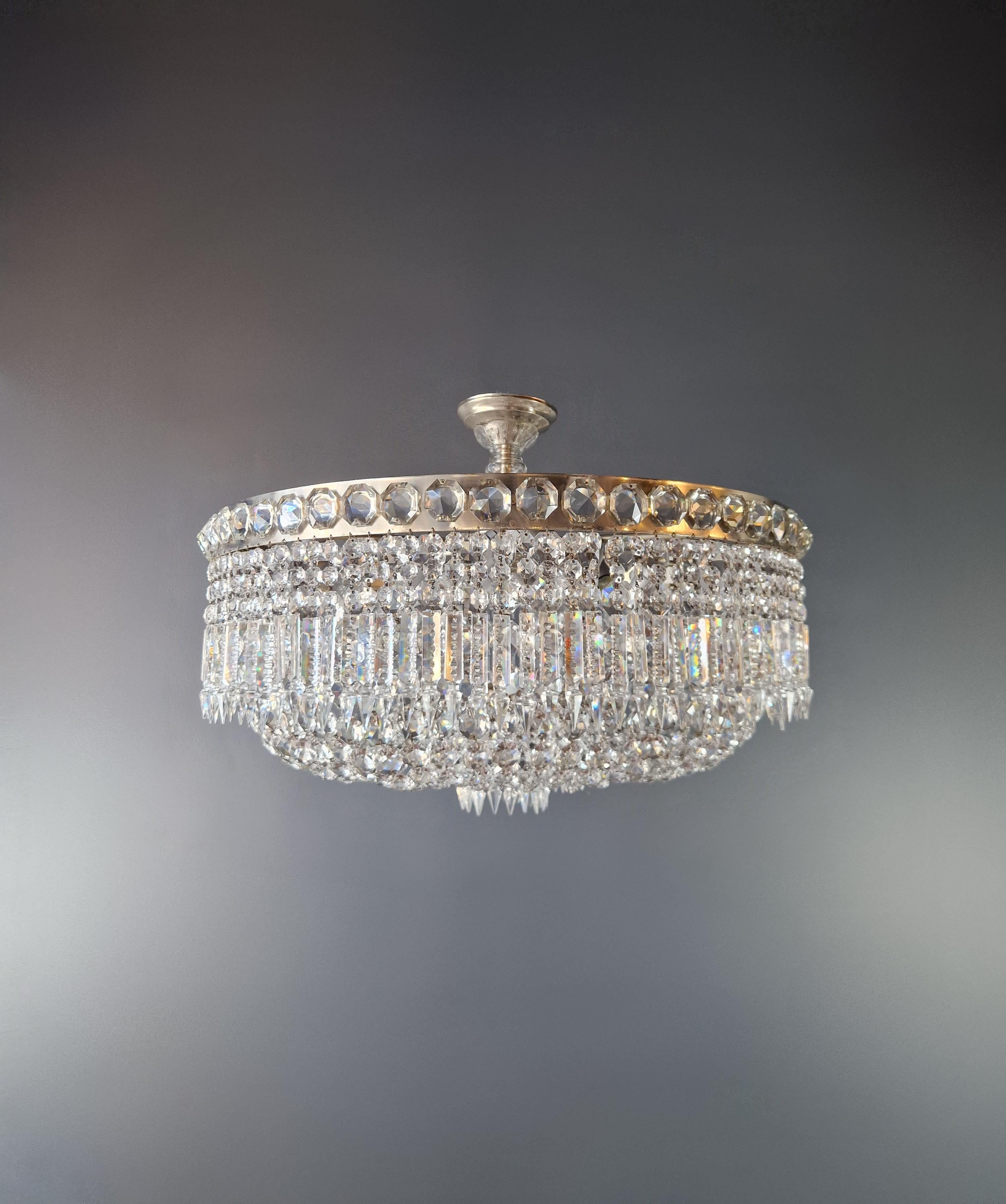 Low Plafonnier Antique Crystal Chandelier Brass Lustre Ceiling Silver Chrome For Sale 6