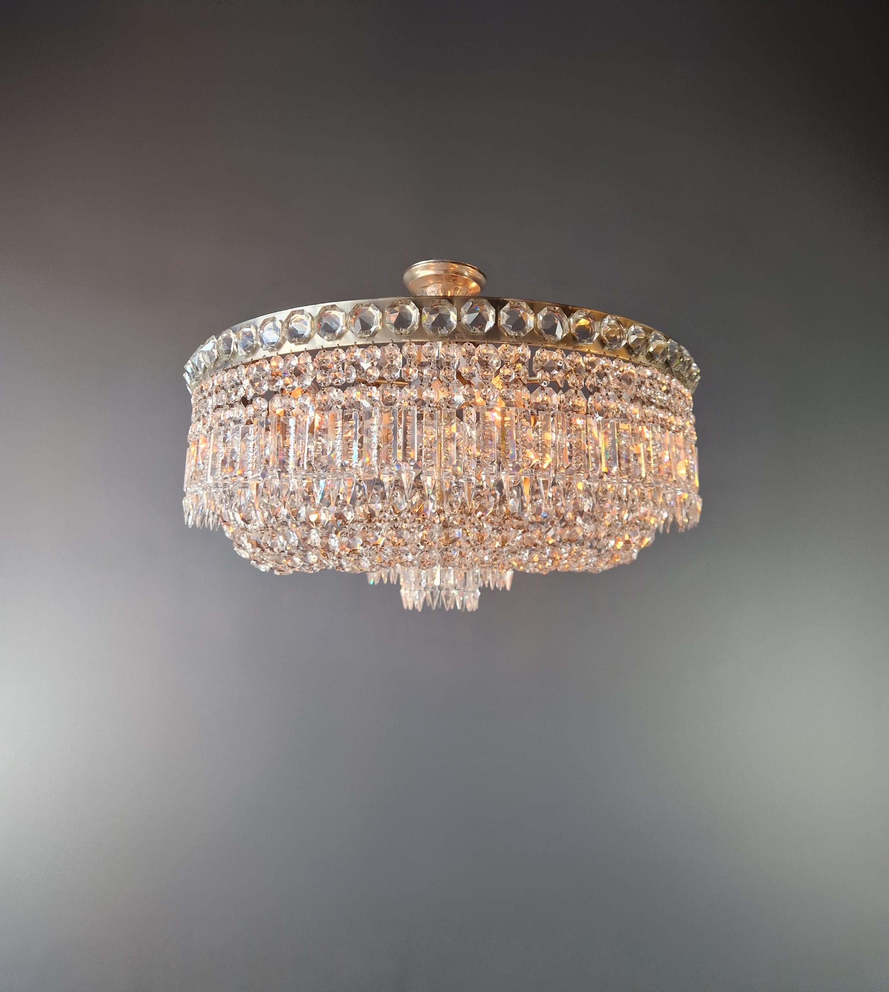 Art Deco Low Plafonnier Antique Crystal Chandelier Brass Lustre Ceiling Silver Chrome For Sale