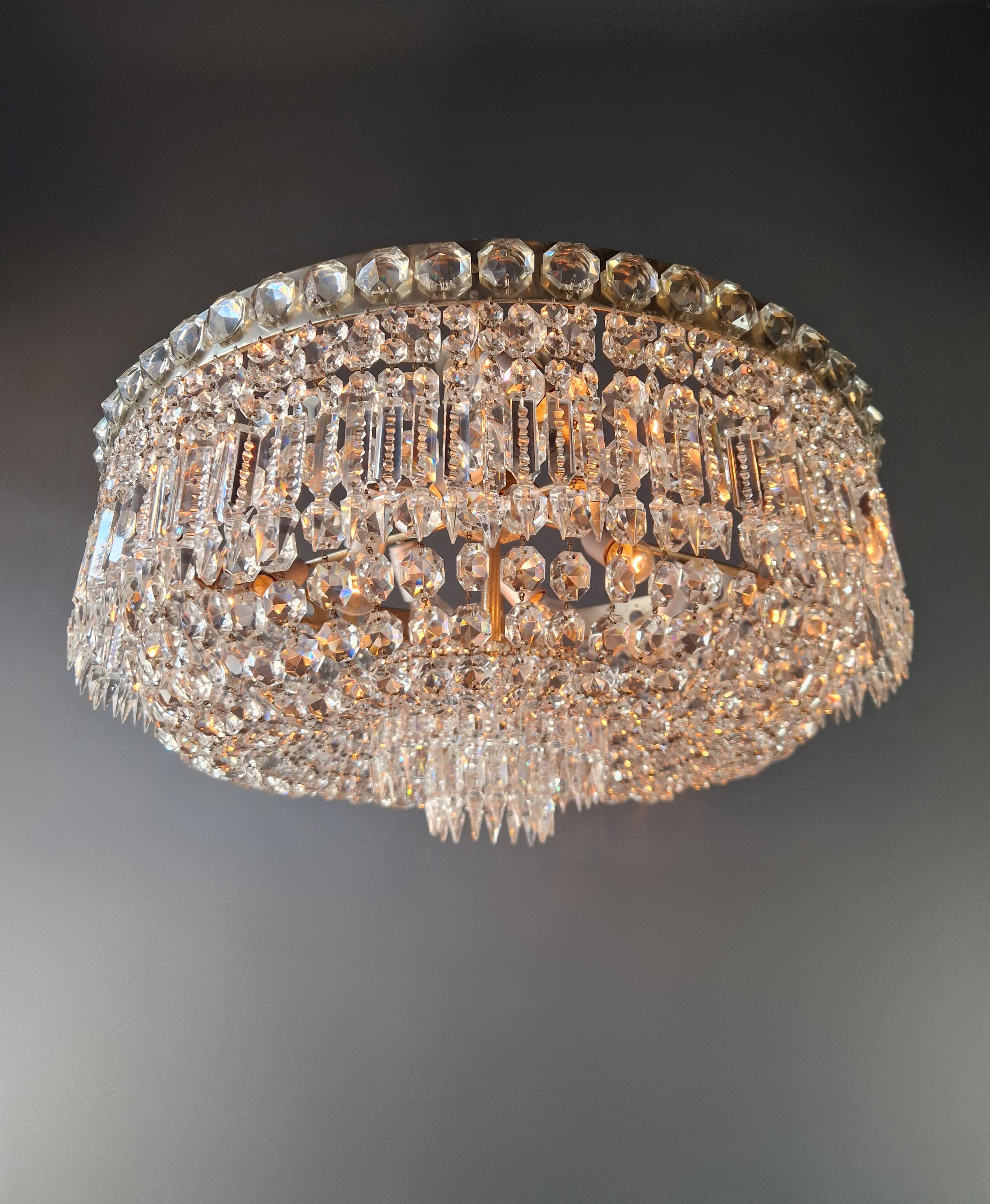 Italian Low Plafonnier Antique Crystal Chandelier Brass Lustre Ceiling Silver Chrome For Sale