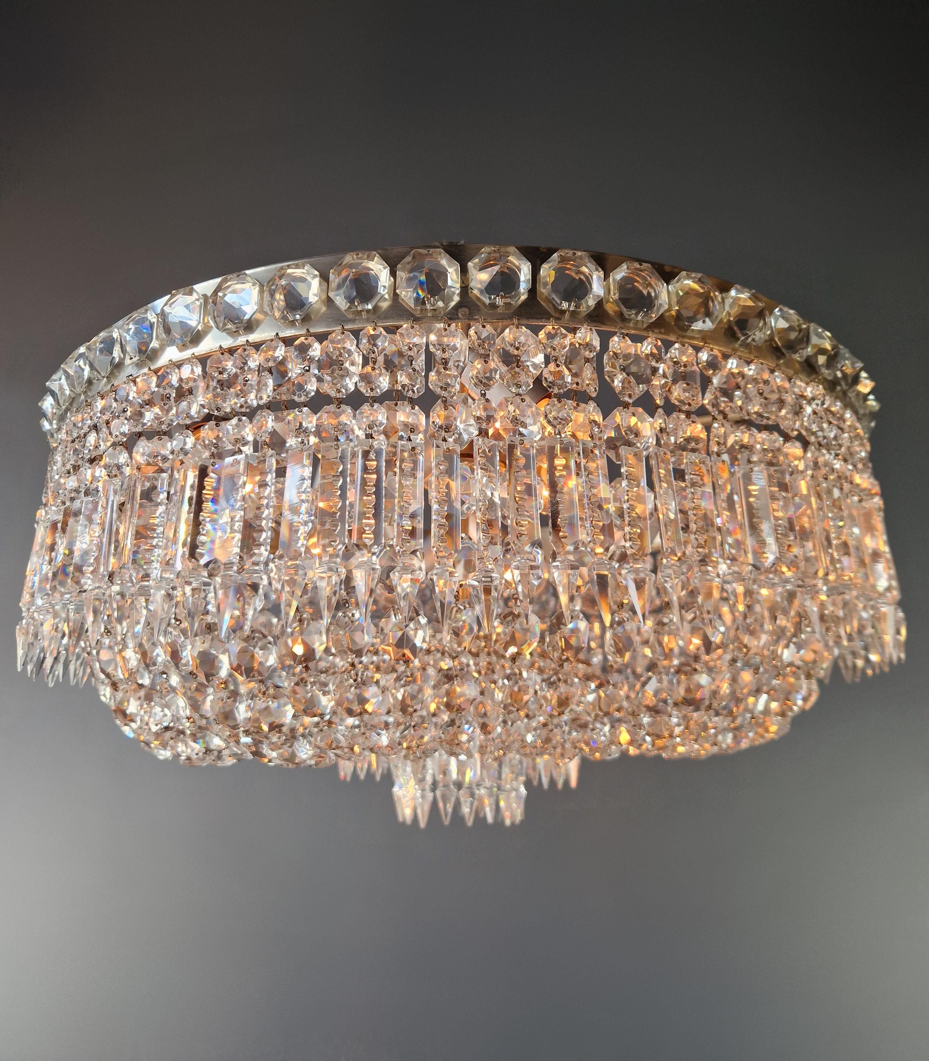 Hand-Knotted Low Plafonnier Antique Crystal Chandelier Brass Lustre Ceiling Silver Chrome For Sale