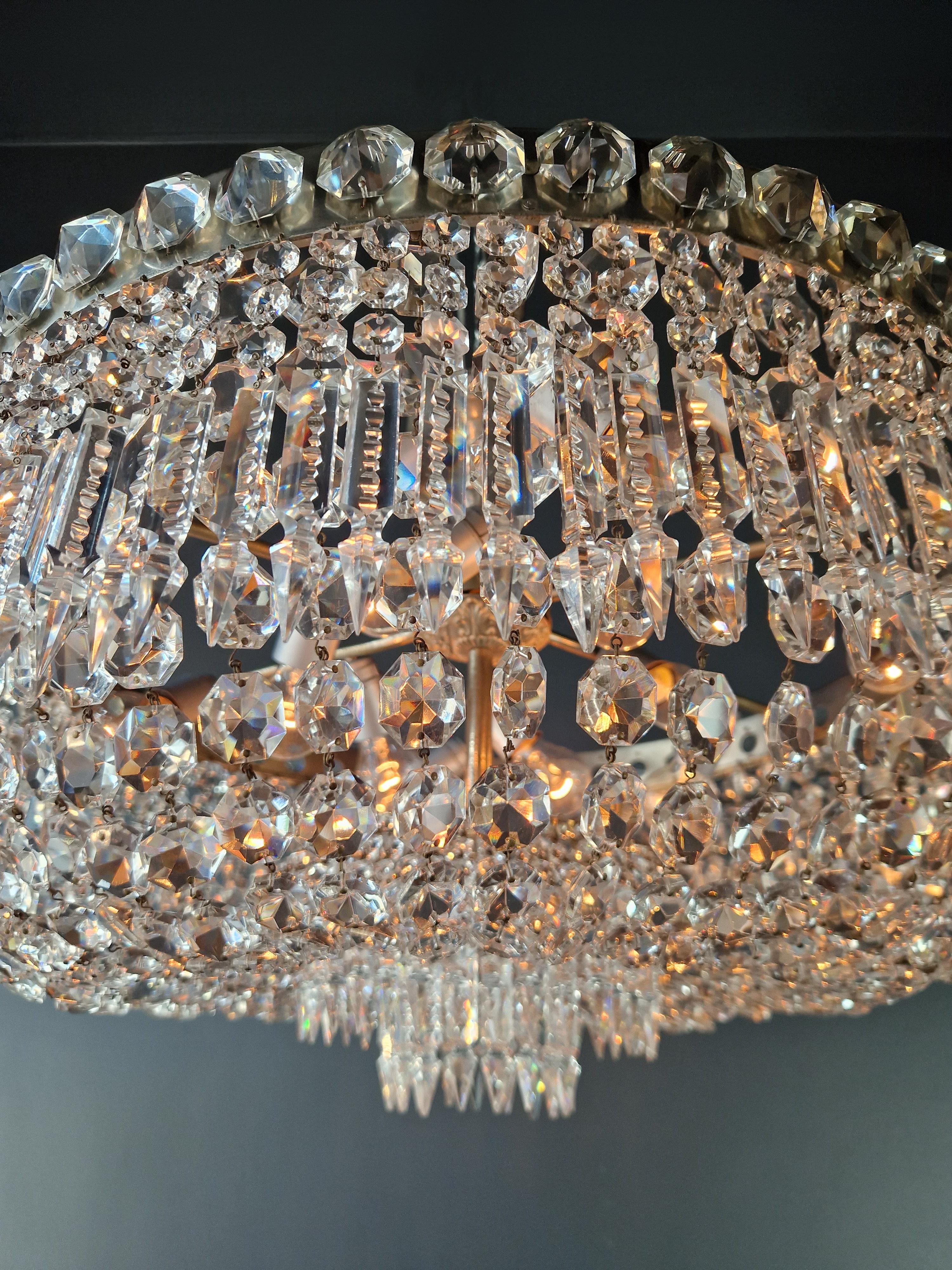 Mid-20th Century Low Plafonnier Antique Crystal Chandelier Brass Lustre Ceiling Silver Chrome For Sale