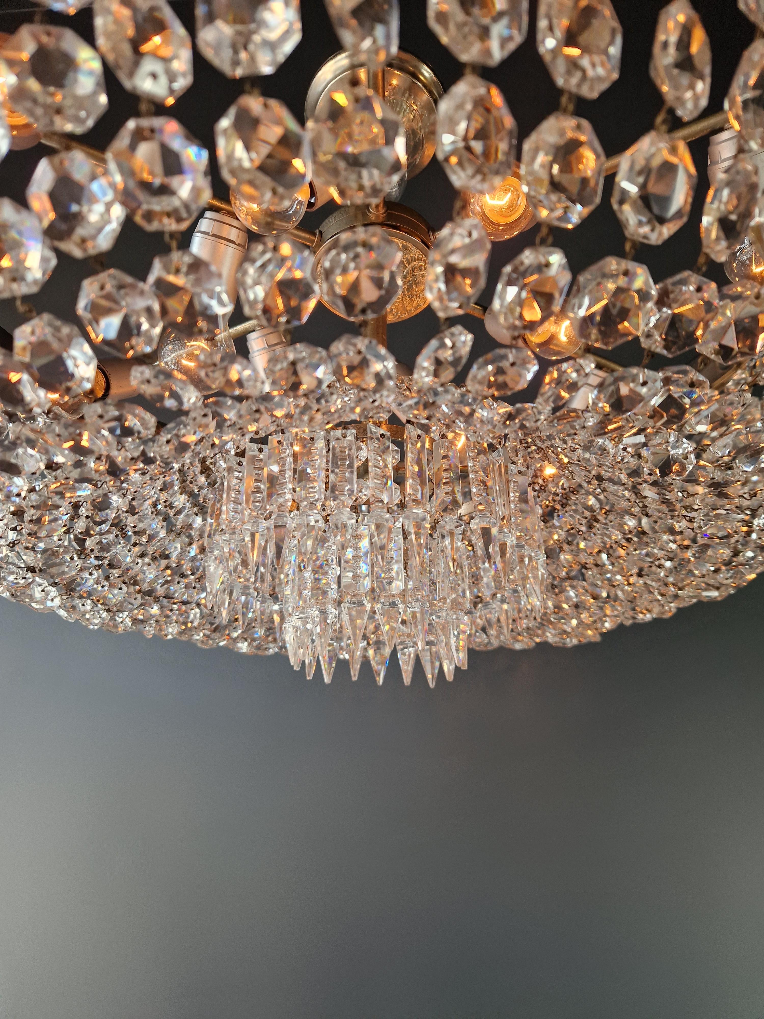 Low Plafonnier Antique Crystal Chandelier Brass Lustre Ceiling Silver Chrome For Sale 1