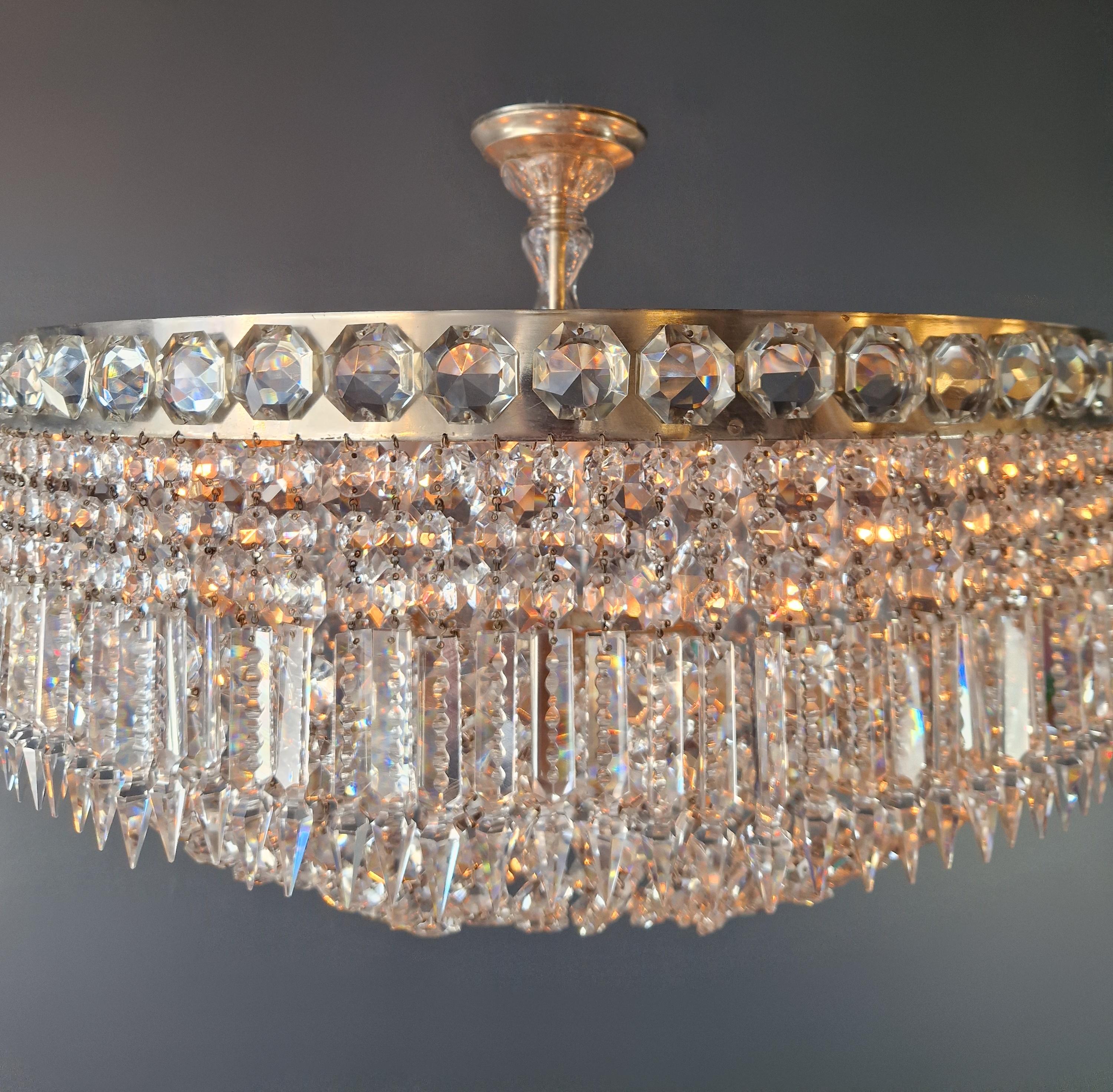 Low Plafonnier Antique Crystal Chandelier Brass Lustre Ceiling Silver Chrome For Sale 2