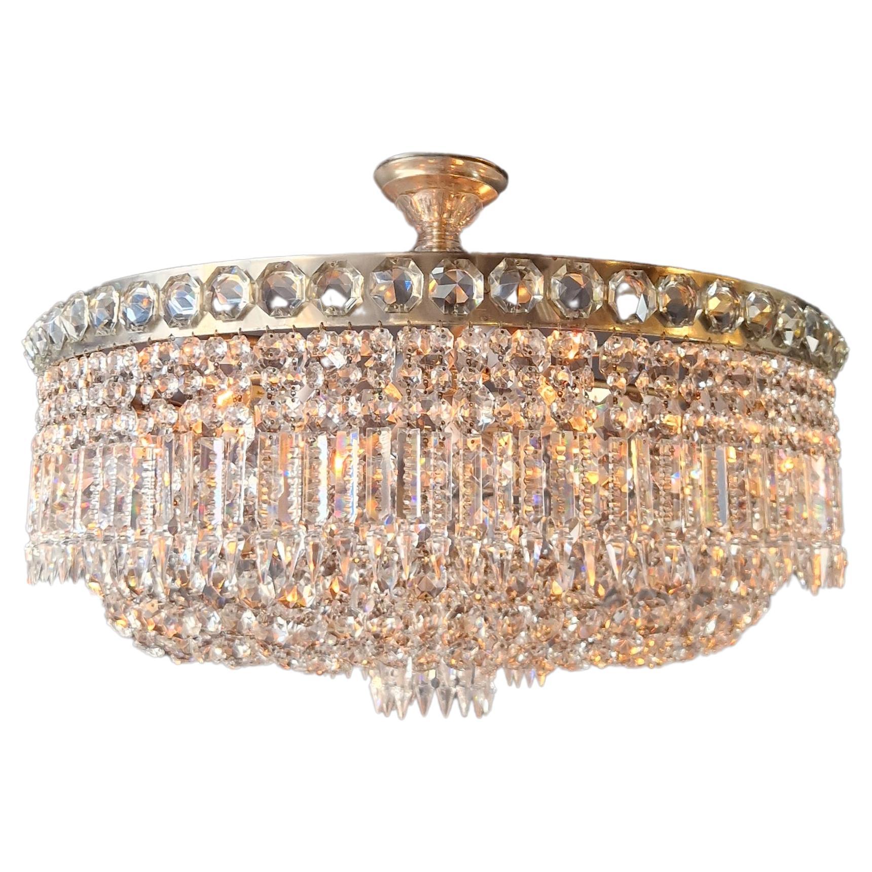 Low Plafonnier Antique Crystal Chandelier Brass Lustre Ceiling Silver Chrome